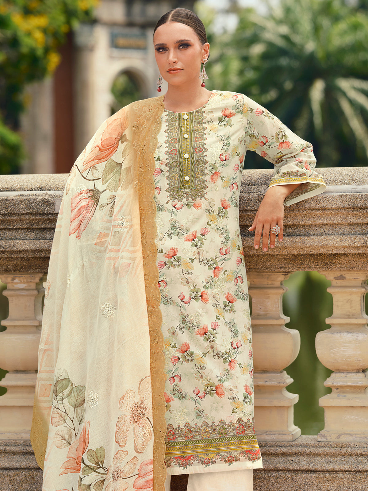 Ethereal Cream Lawn Cotton Dress Material | Floral Digital Print with Resham Thread & Cut Work