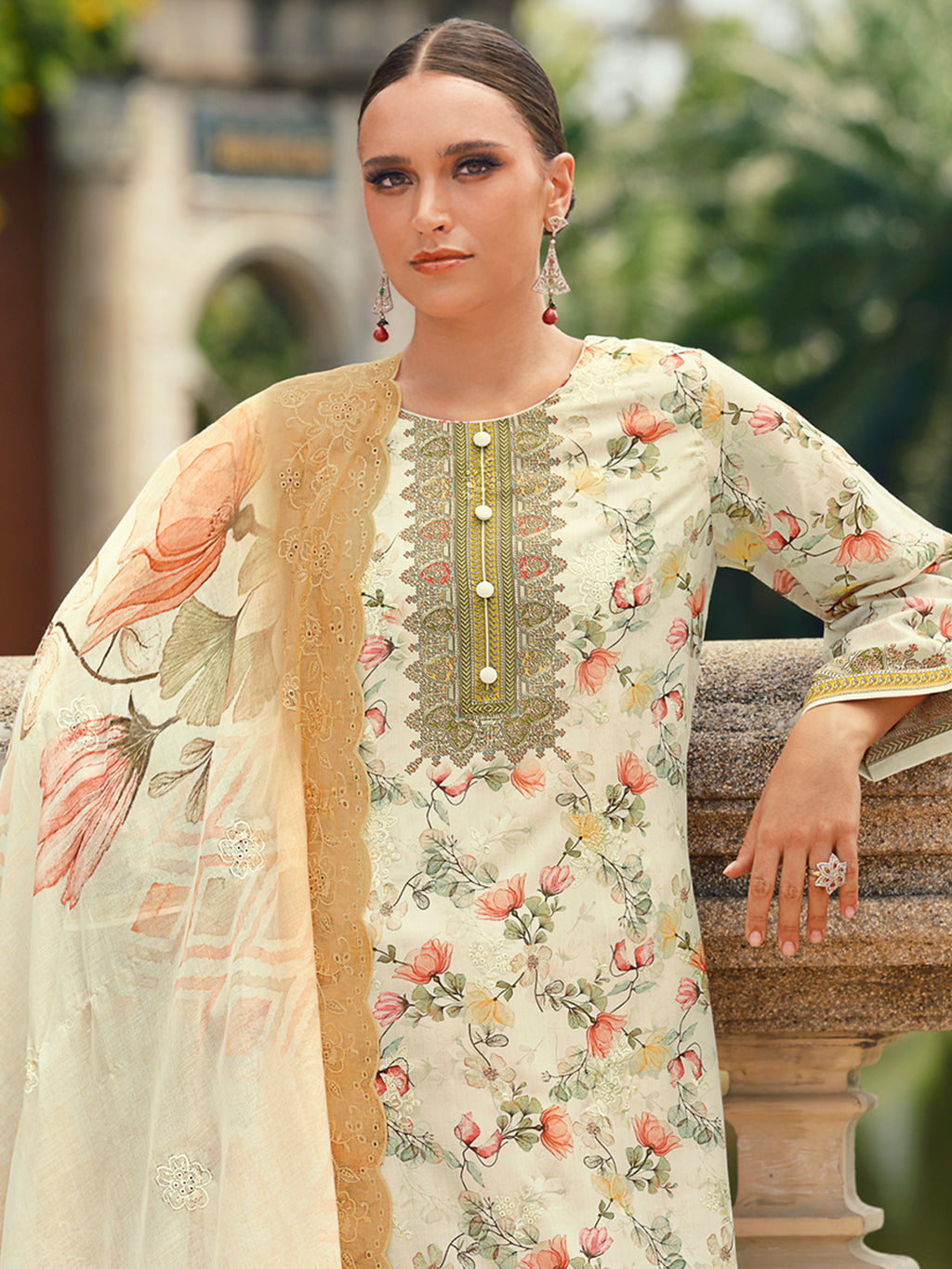 Ethereal Cream Lawn Cotton Dress Material | Floral Digital Print with Resham Thread & Cut Work