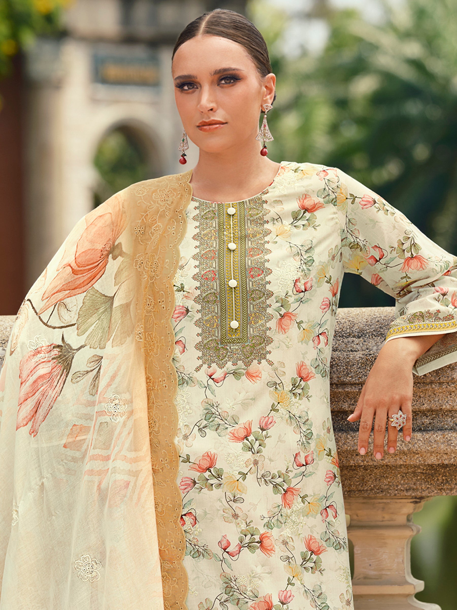 Ethereal Cream Lawn Cotton Dress Material | Floral Digital Print with Resham Thread & Cut Work