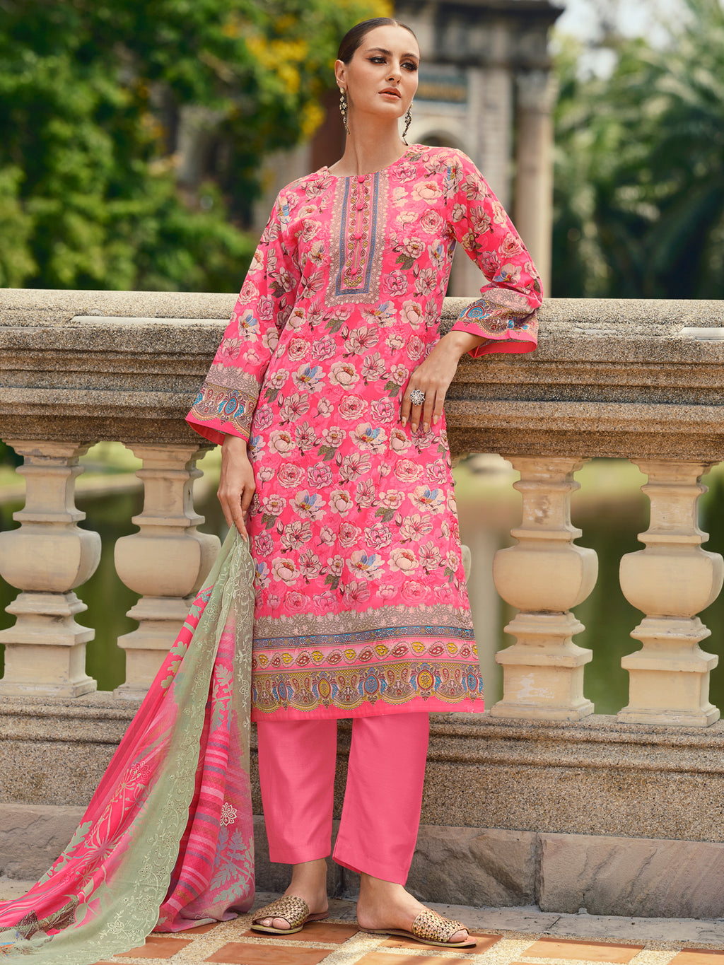 Blushing Pink Lawn Cotton Dress Material | Floral Digital Print with Resham Thread & Cut Work