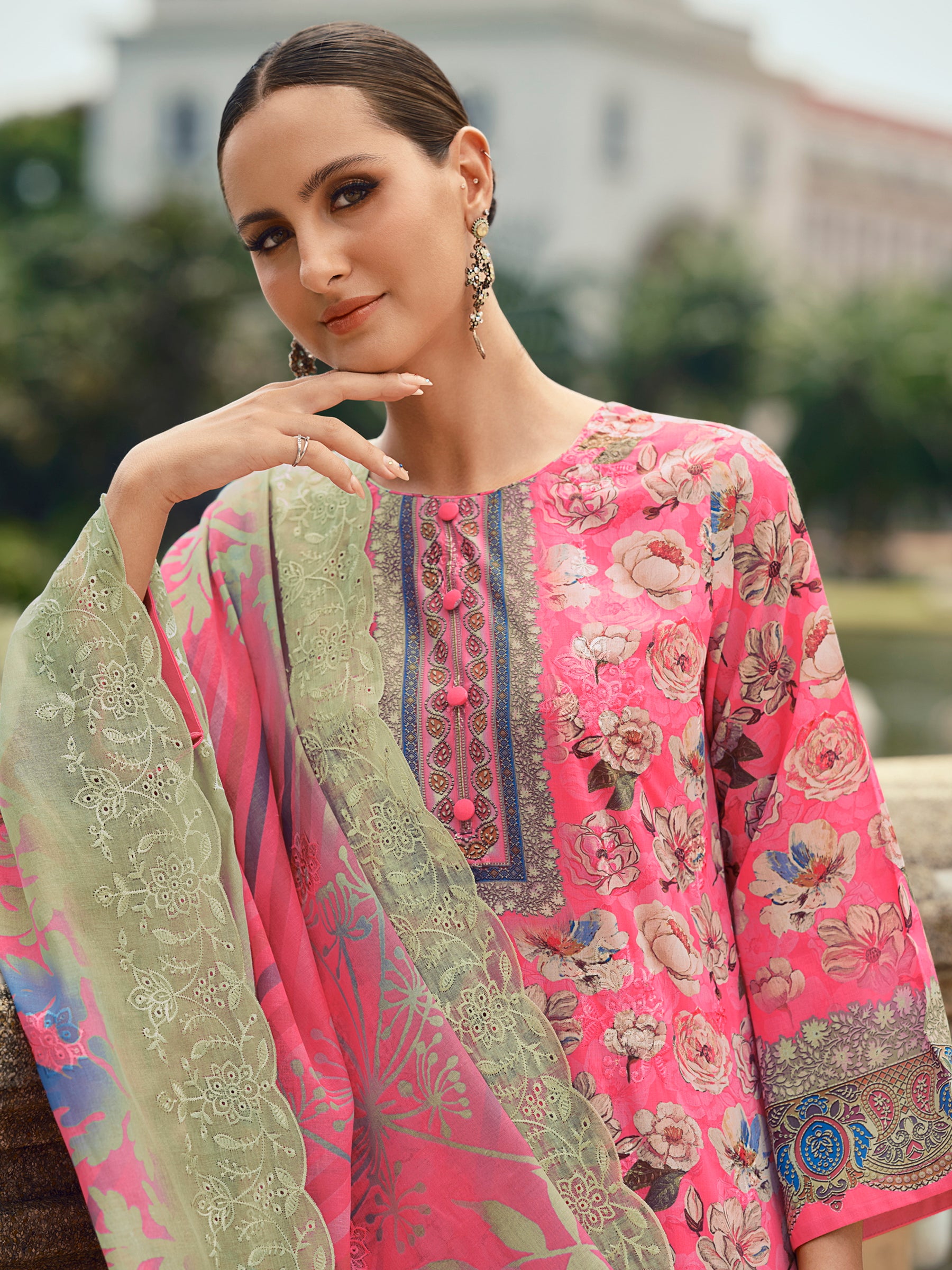 Blushing Pink Lawn Cotton Dress Material | Floral Digital Print with Resham Thread & Cut Work