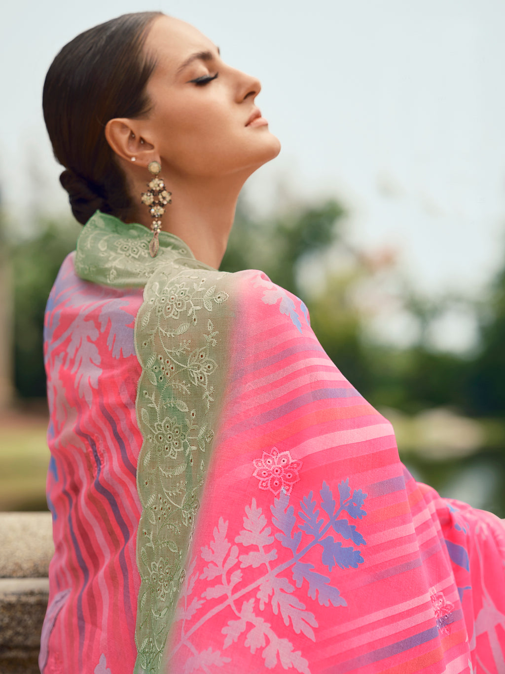 Blushing Pink Lawn Cotton Dress Material | Floral Digital Print with Resham Thread & Cut Work