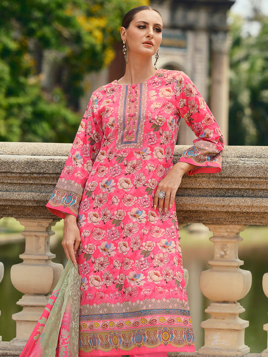 Blushing Pink Lawn Cotton Dress Material | Floral Digital Print with Resham Thread & Cut Work