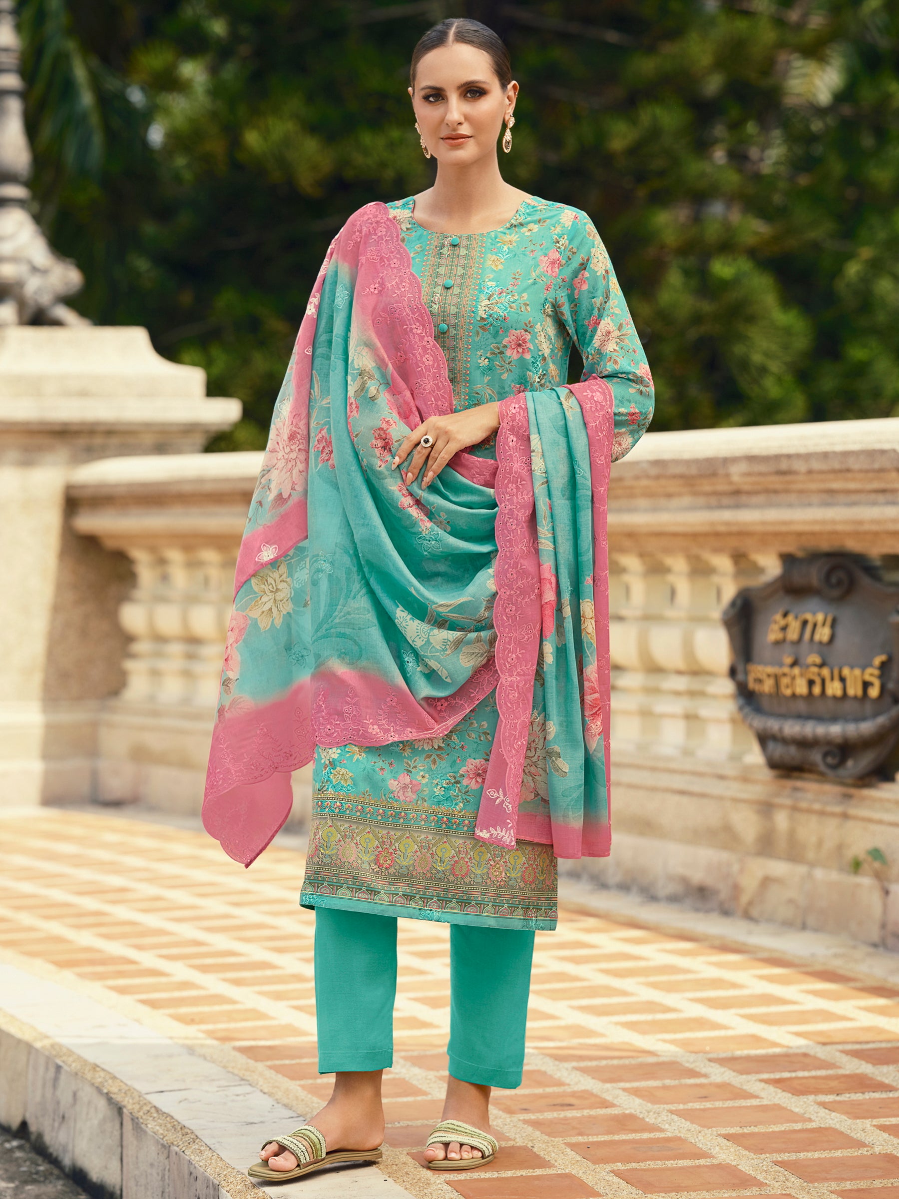 Oceanic Turquoise Lawn Cotton Dress Material | Floral Digital Print with Resham Thread & Cut Work