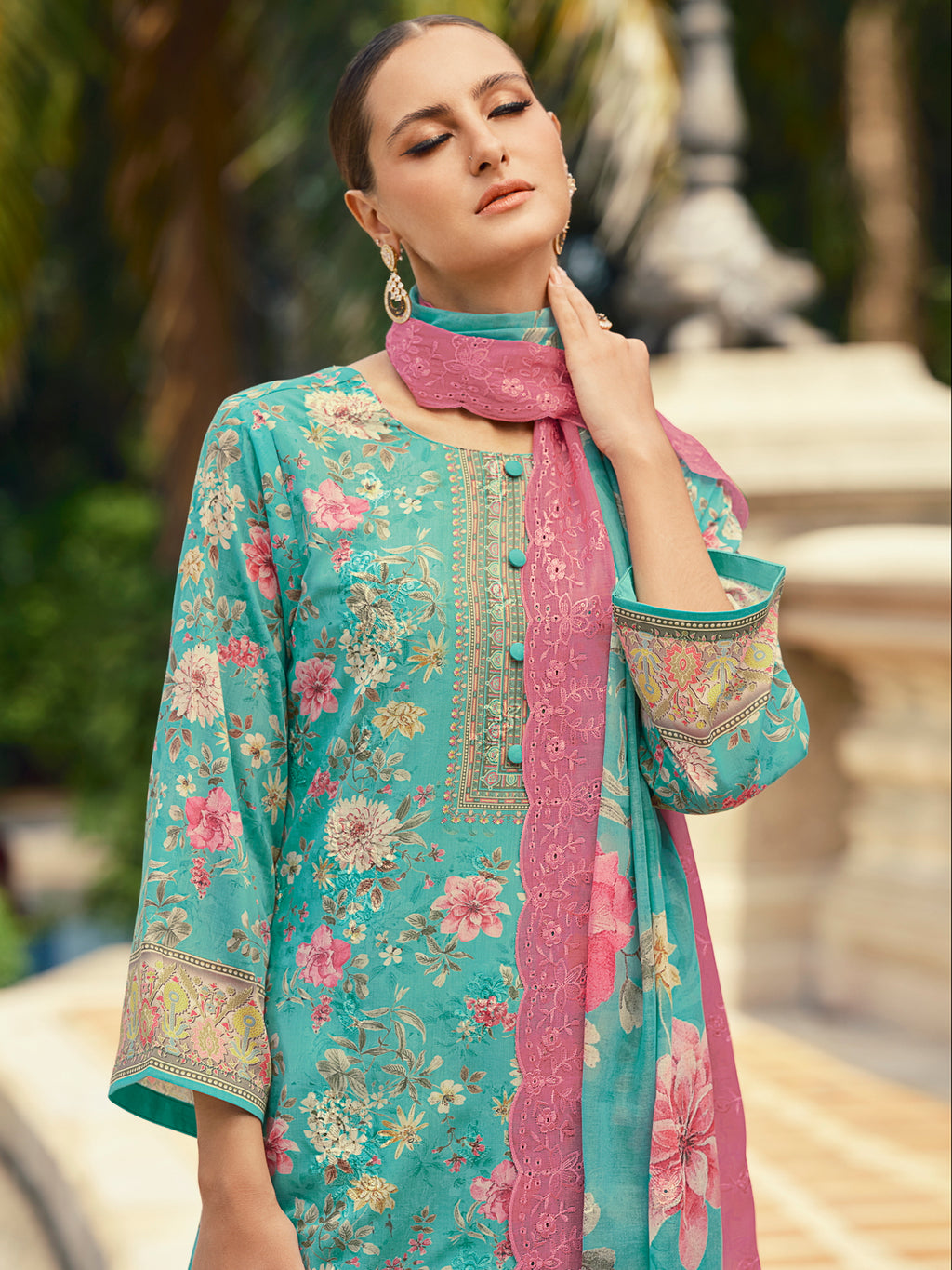 Oceanic Turquoise Lawn Cotton Dress Material | Floral Digital Print with Resham Thread & Cut Work