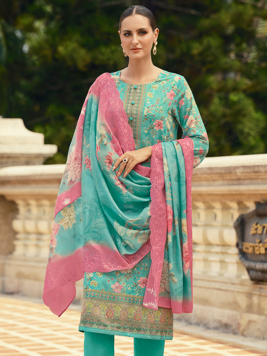 Oceanic Turquoise Lawn Cotton Dress Material | Floral Digital Print with Resham Thread & Cut Work