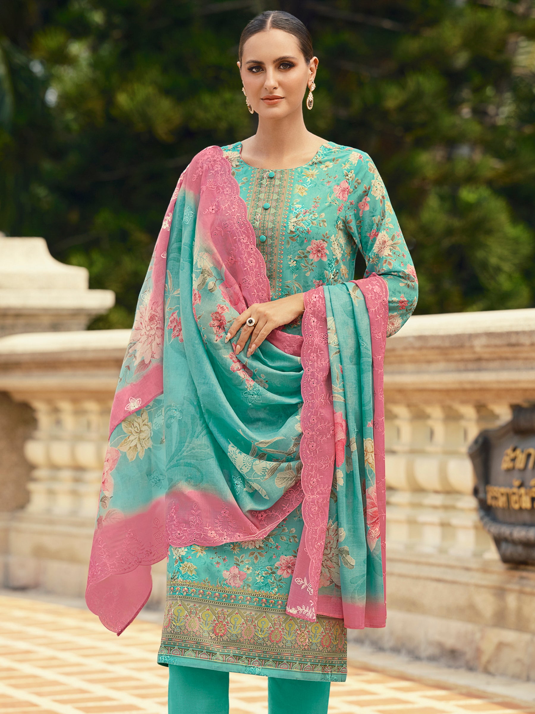 Oceanic Turquoise Lawn Cotton Dress Material | Floral Digital Print with Resham Thread & Cut Work