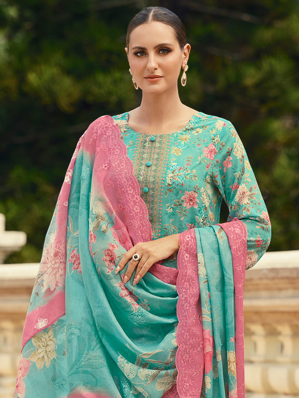 Oceanic Turquoise Lawn Cotton Dress Material | Floral Digital Print with Resham Thread & Cut Work