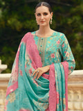 Oceanic Turquoise Lawn Cotton Dress Material | Floral Digital Print with Resham Thread & Cut Work