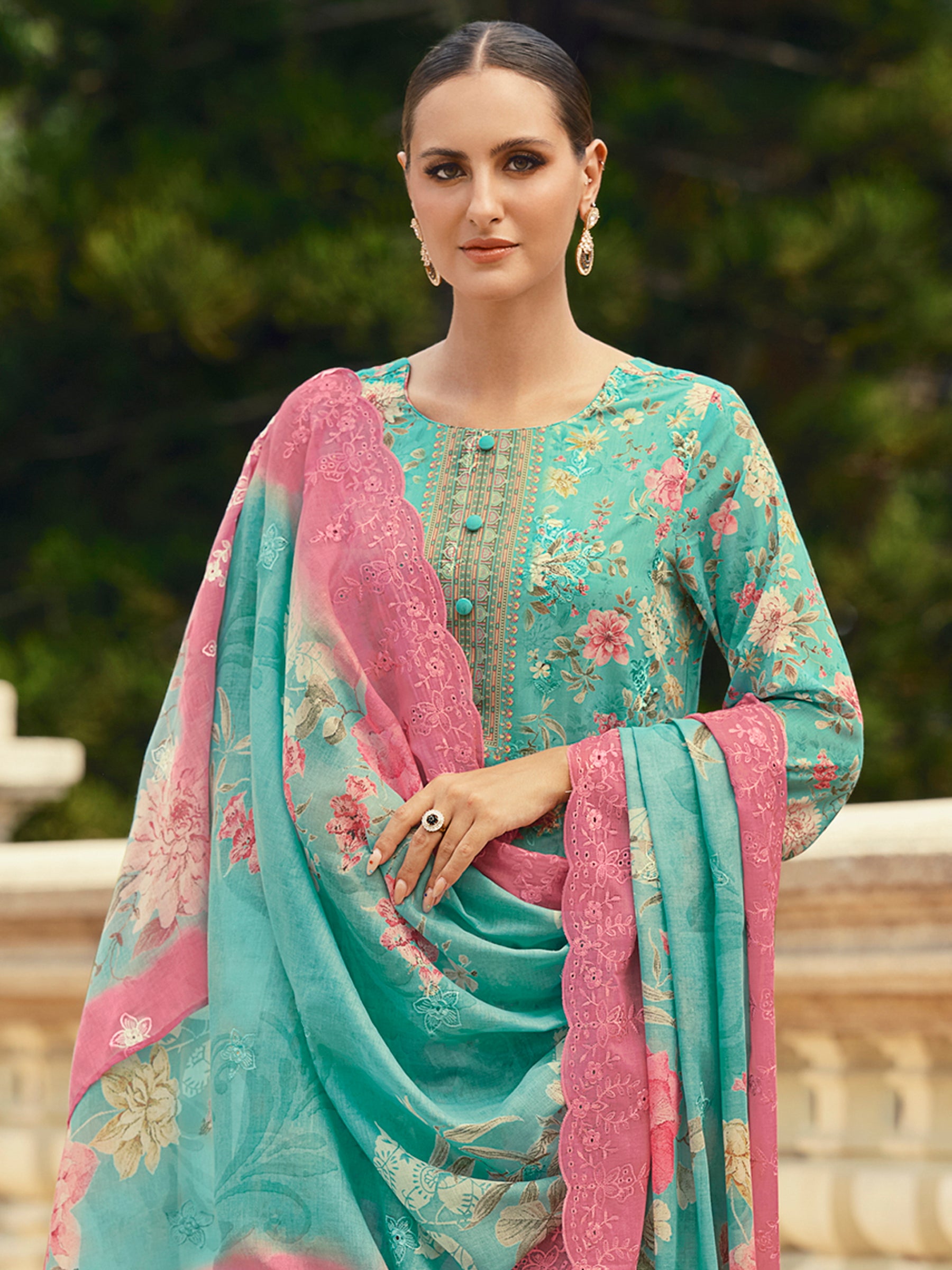 Oceanic Turquoise Lawn Cotton Dress Material | Floral Digital Print with Resham Thread & Cut Work