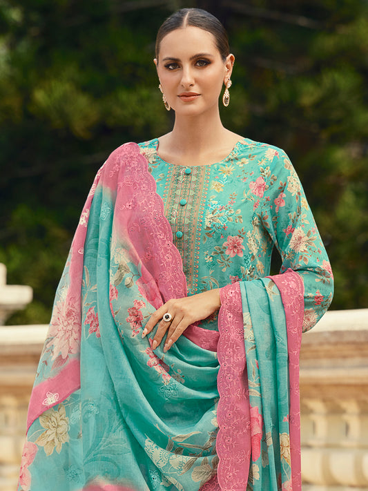 Oceanic Turquoise Lawn Cotton Dress Material | Floral Digital Print with Resham Thread & Cut Work