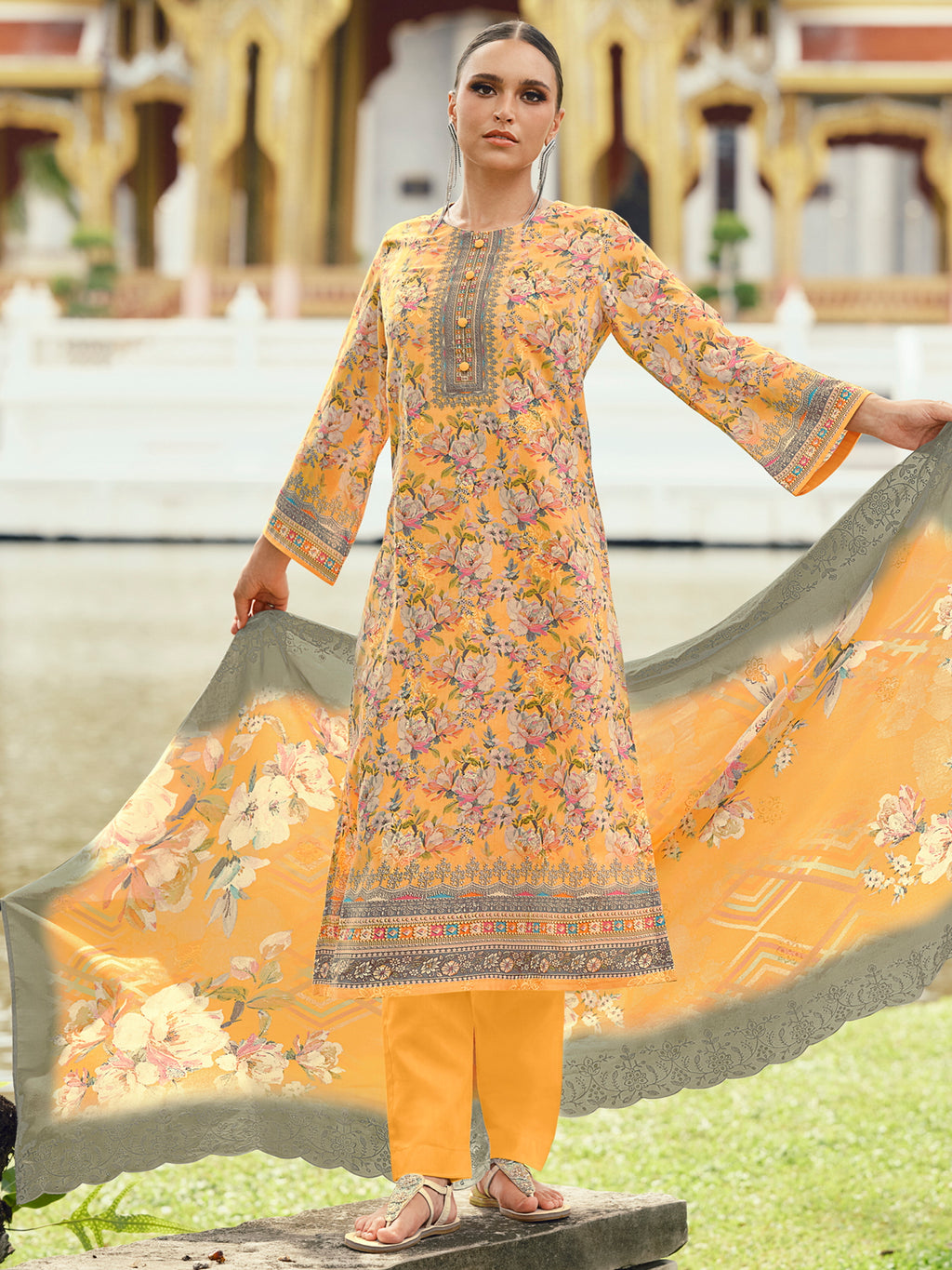 Autumn Mustard Lawn Cotton Dress Material | Floral Digital Print with Resham Thread & Cut Work
