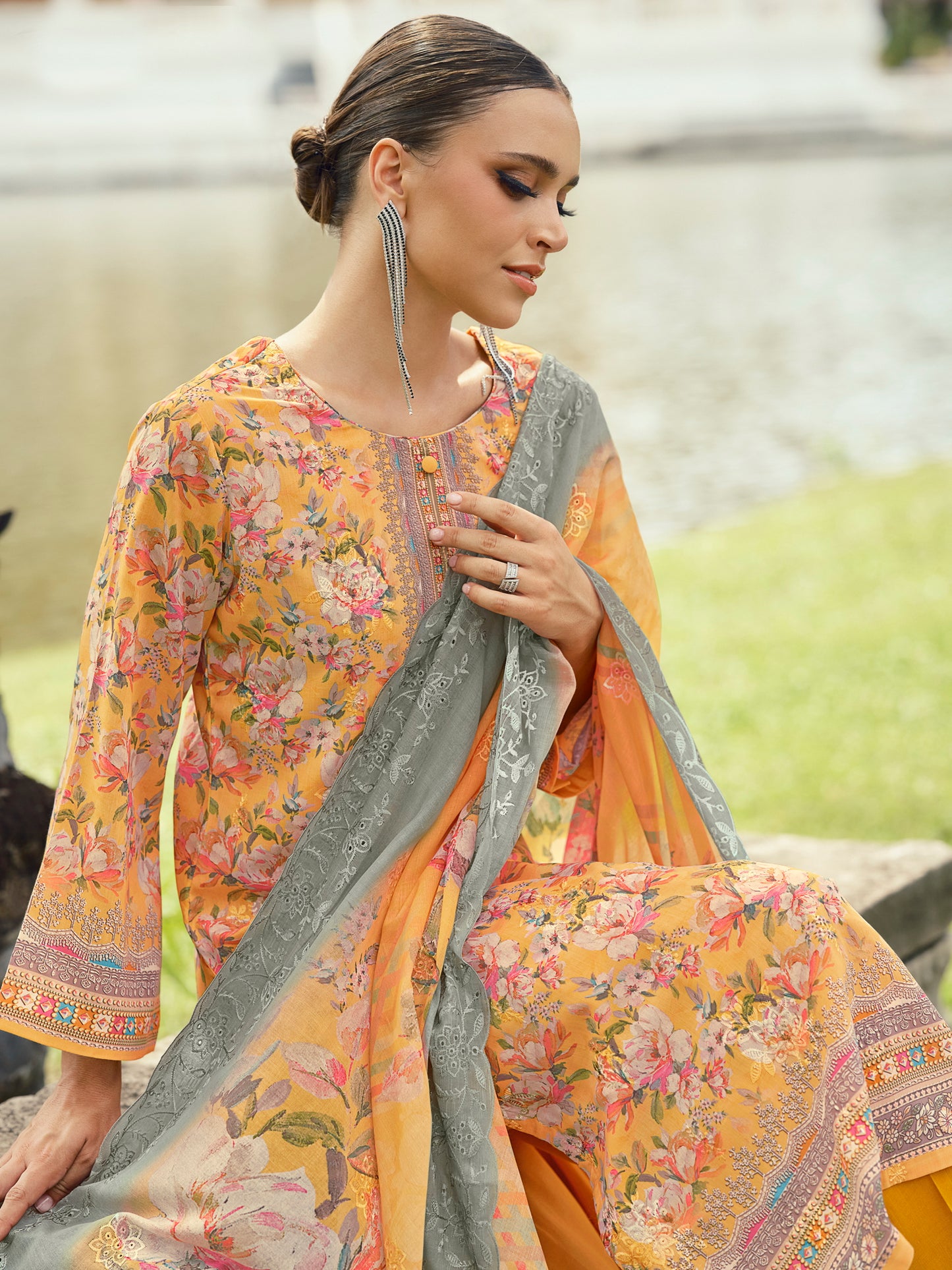 Autumn Mustard Lawn Cotton Dress Material | Floral Digital Print with Resham Thread & Cut Work| Unstitched Fabric