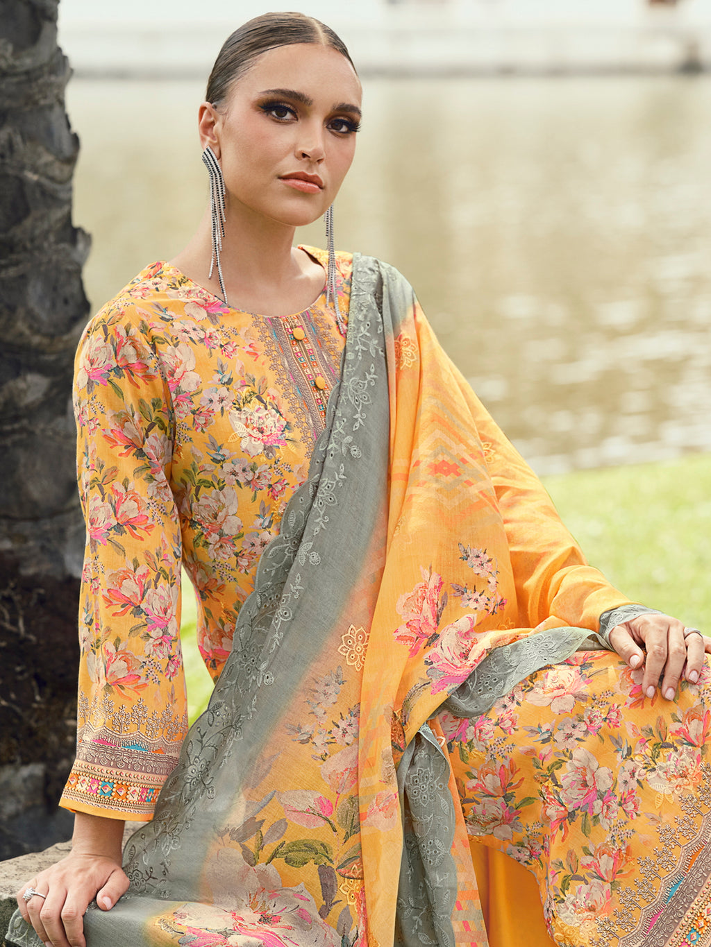 Autumn Mustard Lawn Cotton Dress Material | Floral Digital Print with Resham Thread & Cut Work