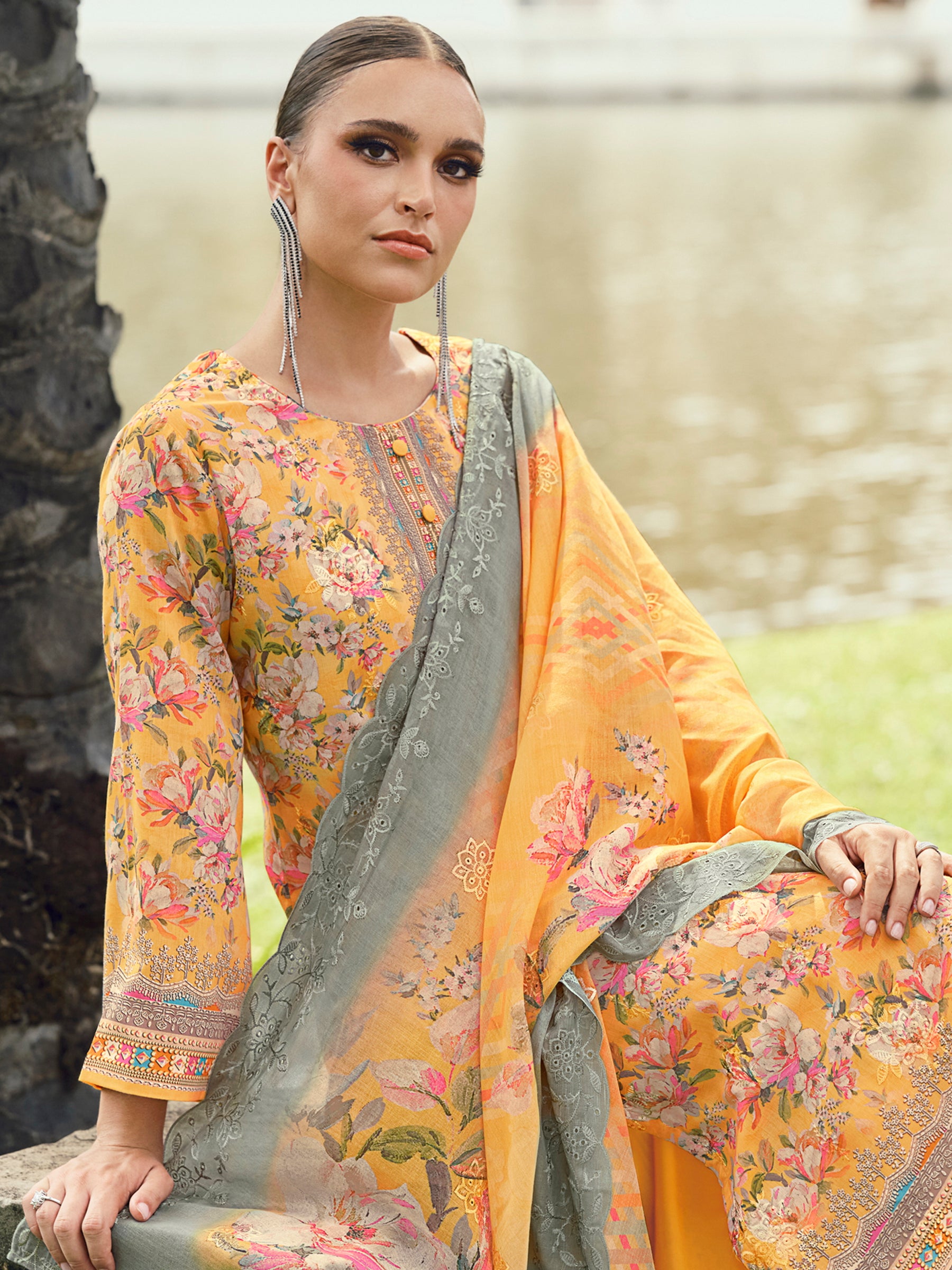 Autumn Mustard Lawn Cotton Dress Material | Floral Digital Print with Resham Thread & Cut Work