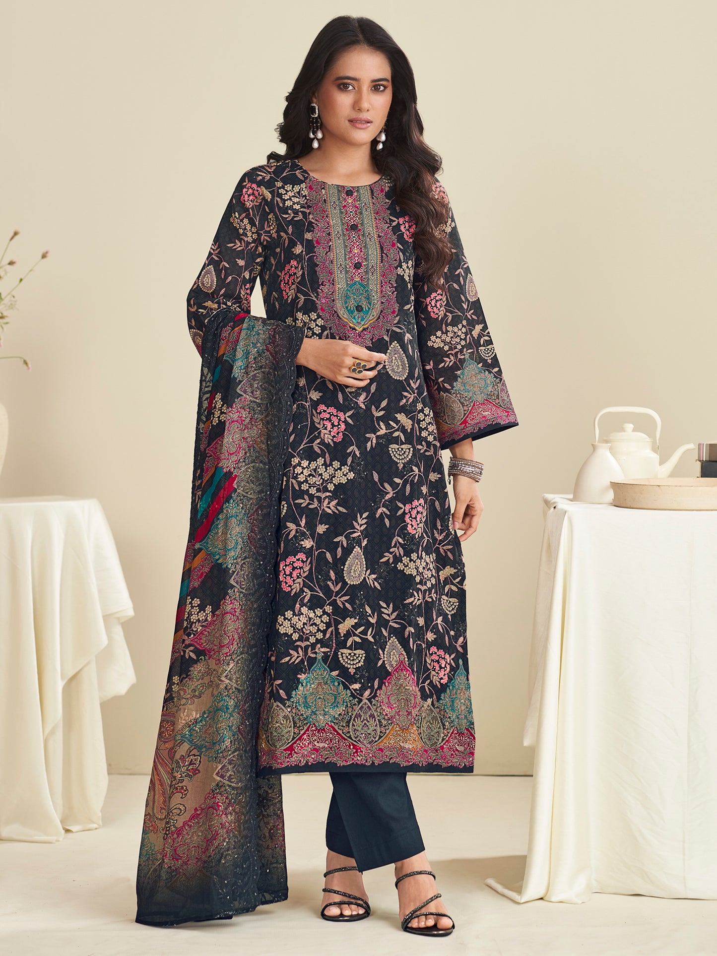 Elegant Black Lawn Cotton Designer Suit | Digital Floral Print with Resham Embroidery| Unstitched Fabric