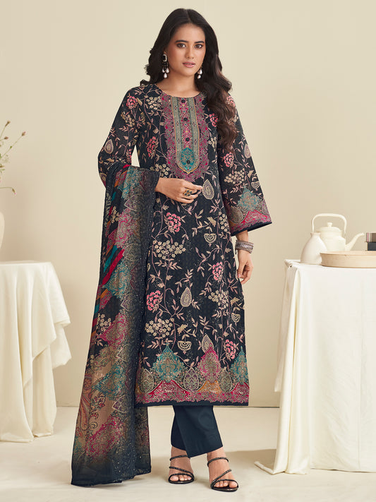 Elegant Black Lawn Cotton Designer Suit | Digital Floral Print with Resham Embroidery| Unstitched Fabric