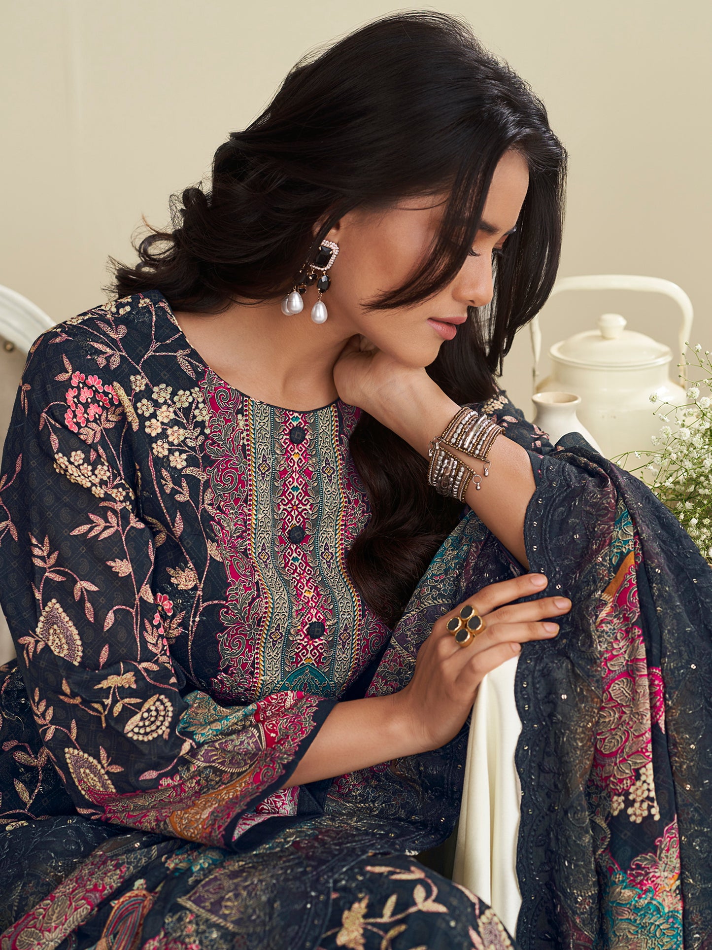 Elegant Black Lawn Cotton Designer Suit | Digital Floral Print with Resham Embroidery| Unstitched Fabric