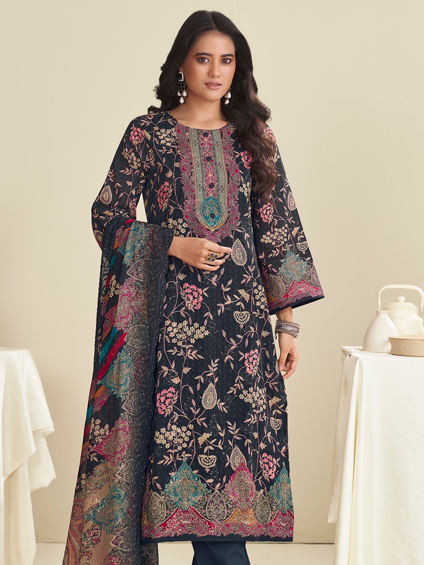 Elegant Black Lawn Cotton Designer Suit | Digital Floral Print with Resham Embroidery| Unstitched Fabric