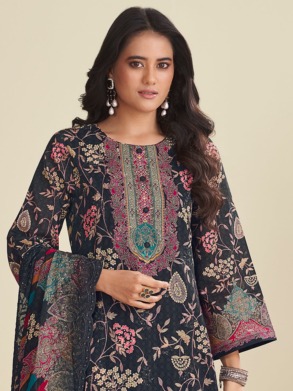 Elegant Black Lawn Cotton Designer Suit | Digital Floral Print with Resham Embroidery