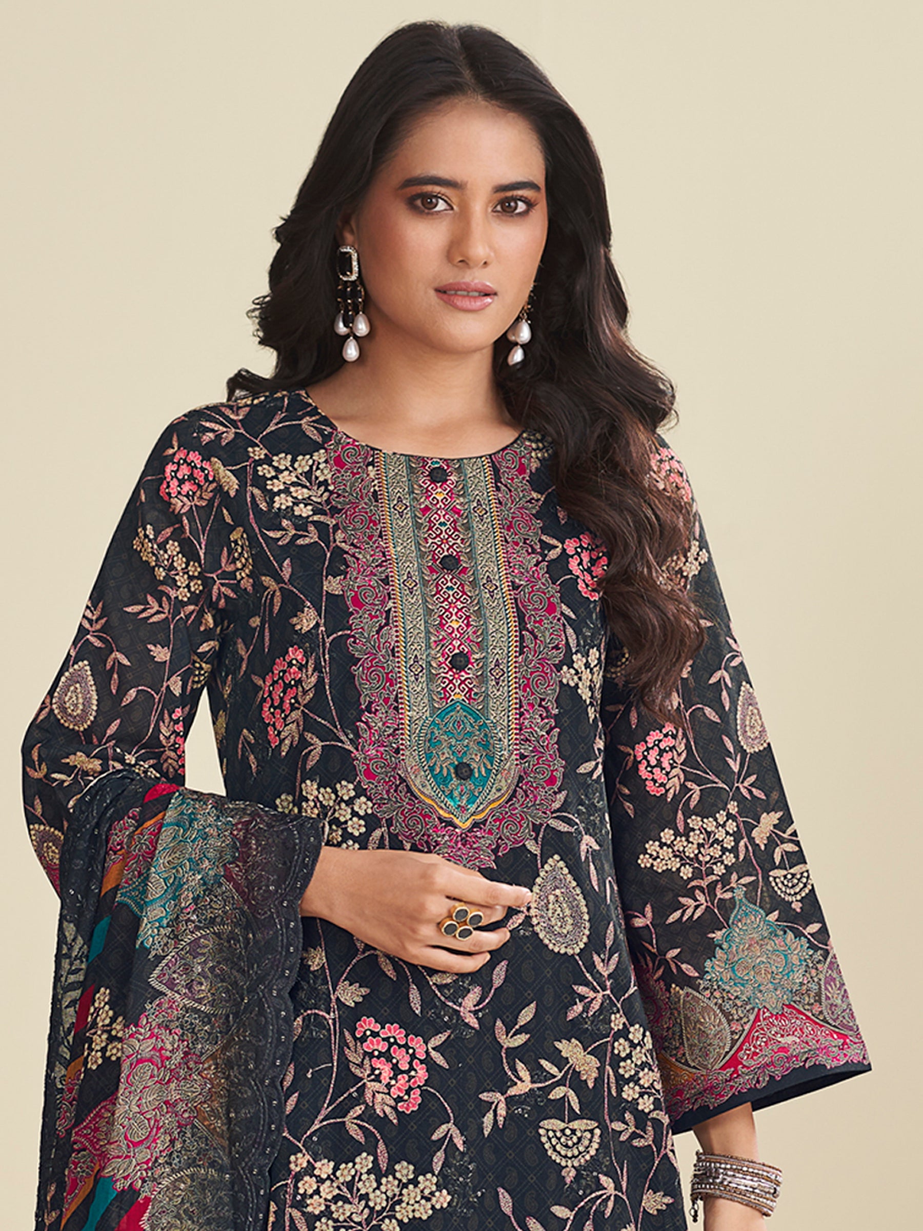 Elegant Black Lawn Cotton Designer Suit | Digital Floral Print with Resham Embroidery