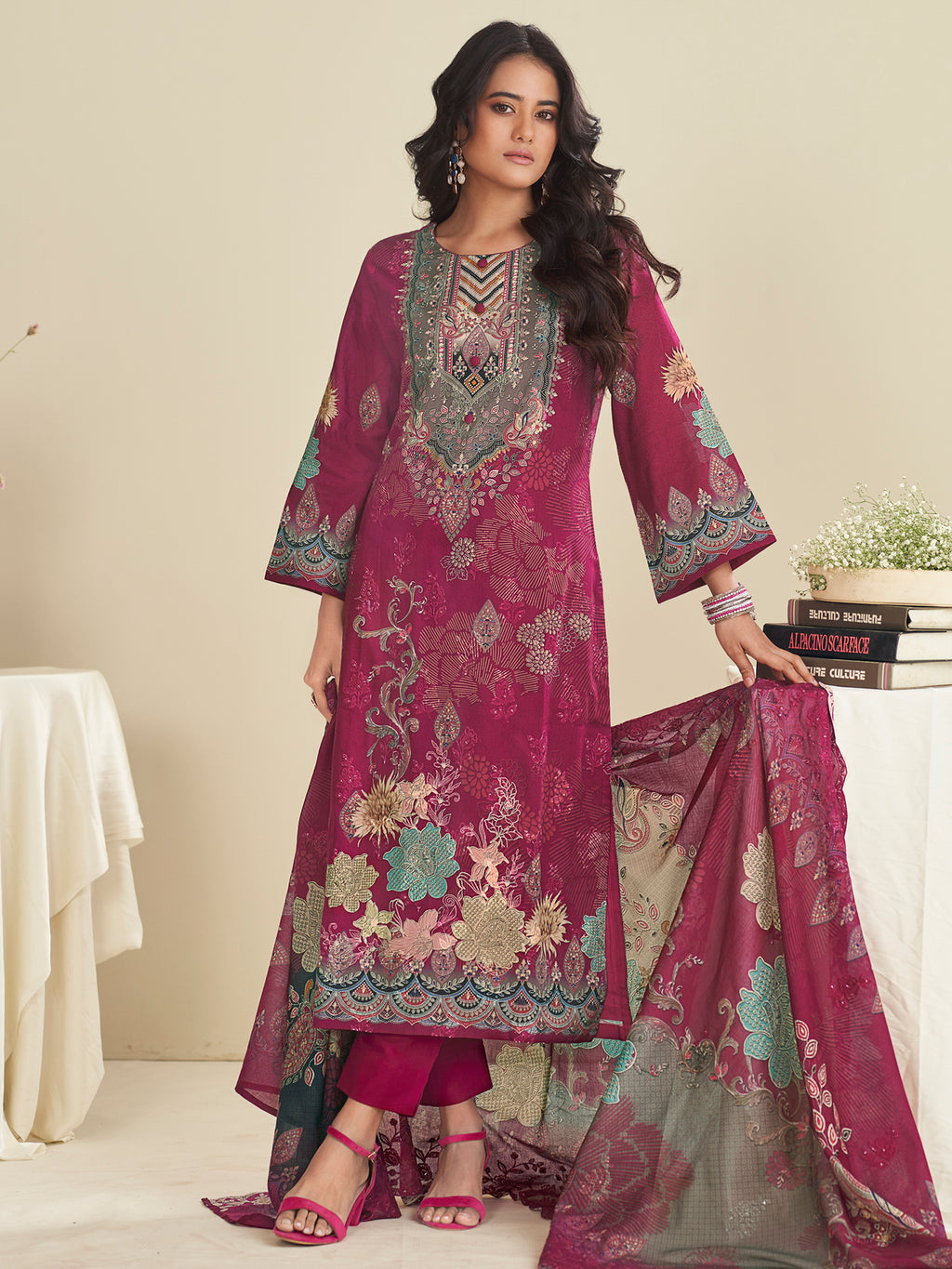 Regal Maroon Lawn Cotton Designer Suit | Floral Digital Print with Embroidered Accents