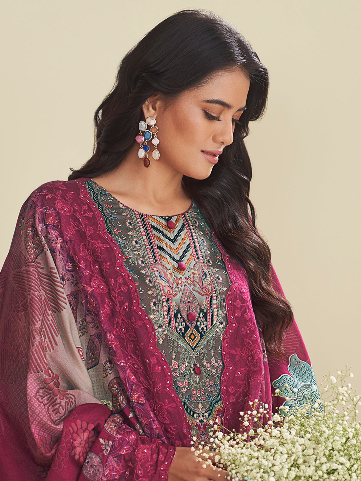 Regal Maroon Lawn Cotton Designer Suit | Floral Digital Print with Embroidered Accents| Unstitched Fabric
