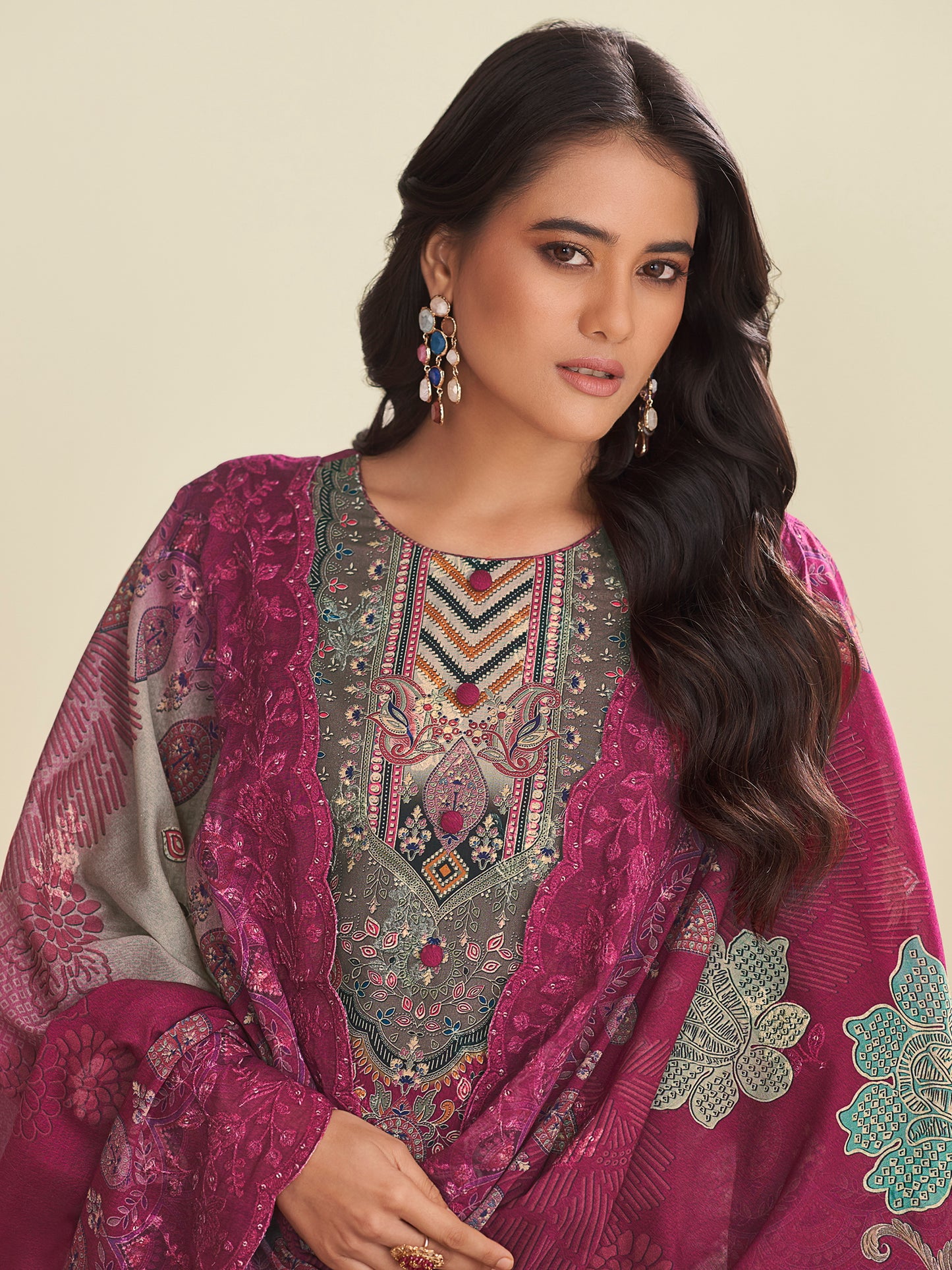 Regal Maroon Lawn Cotton Designer Suit | Floral Digital Print with Embroidered Accents| Unstitched Fabric