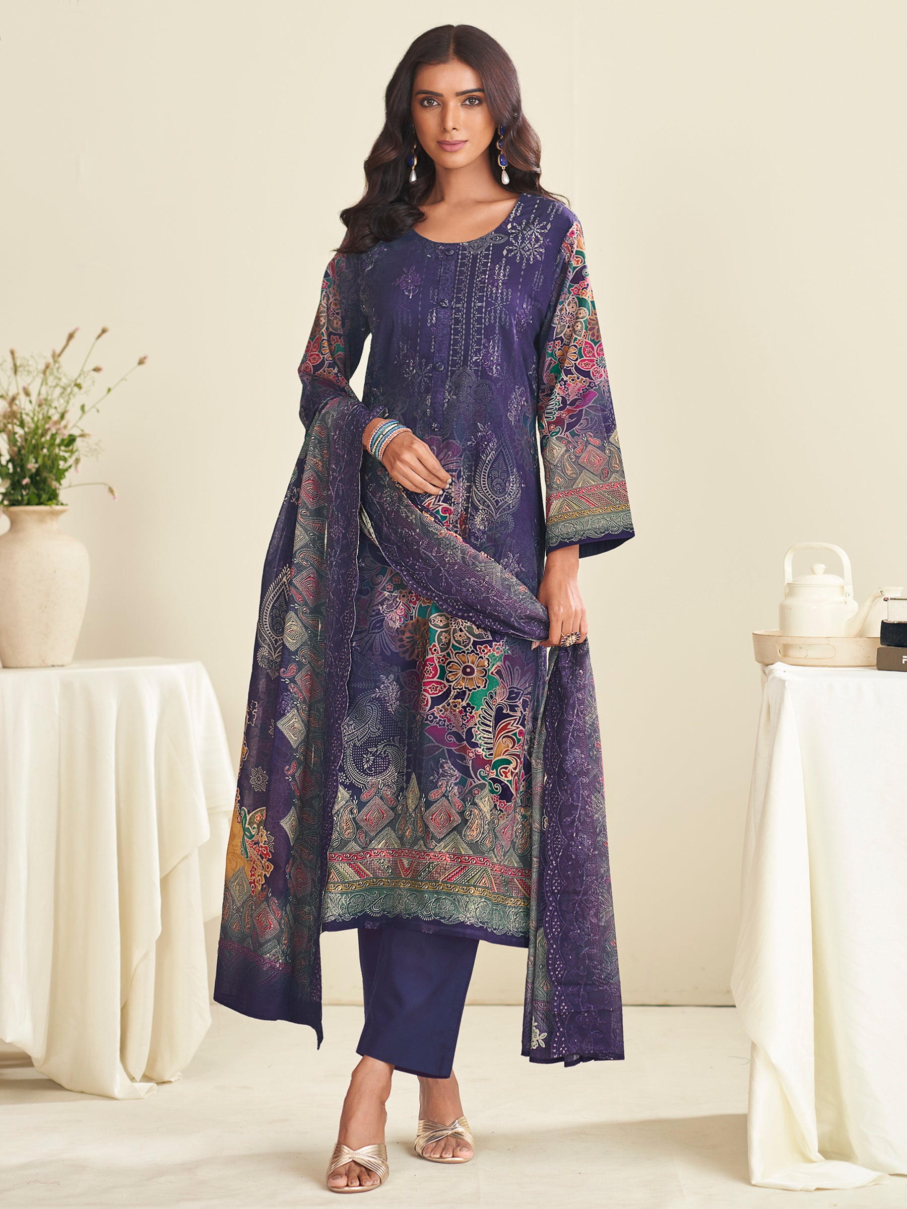 Enchanting Violet Lawn Cotton Designer Suit | Digital Floral Print with Resham Embroidery