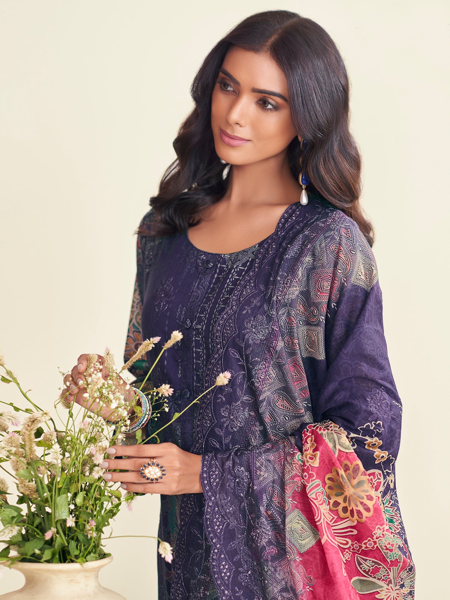 Enchanting Violet Lawn Cotton Designer Suit | Digital Floral Print with Resham Embroidery| Unstitched Fabric