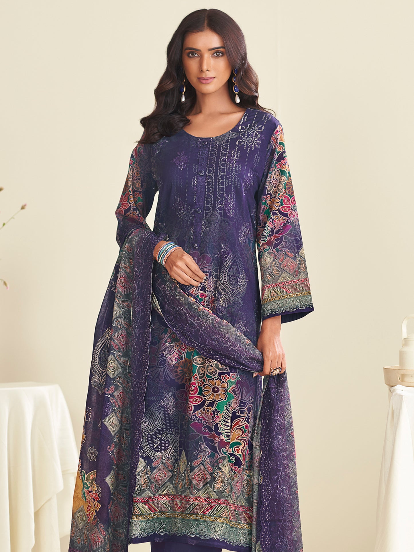 Enchanting Violet Lawn Cotton Designer Suit | Digital Floral Print with Resham Embroidery| Unstitched Fabric