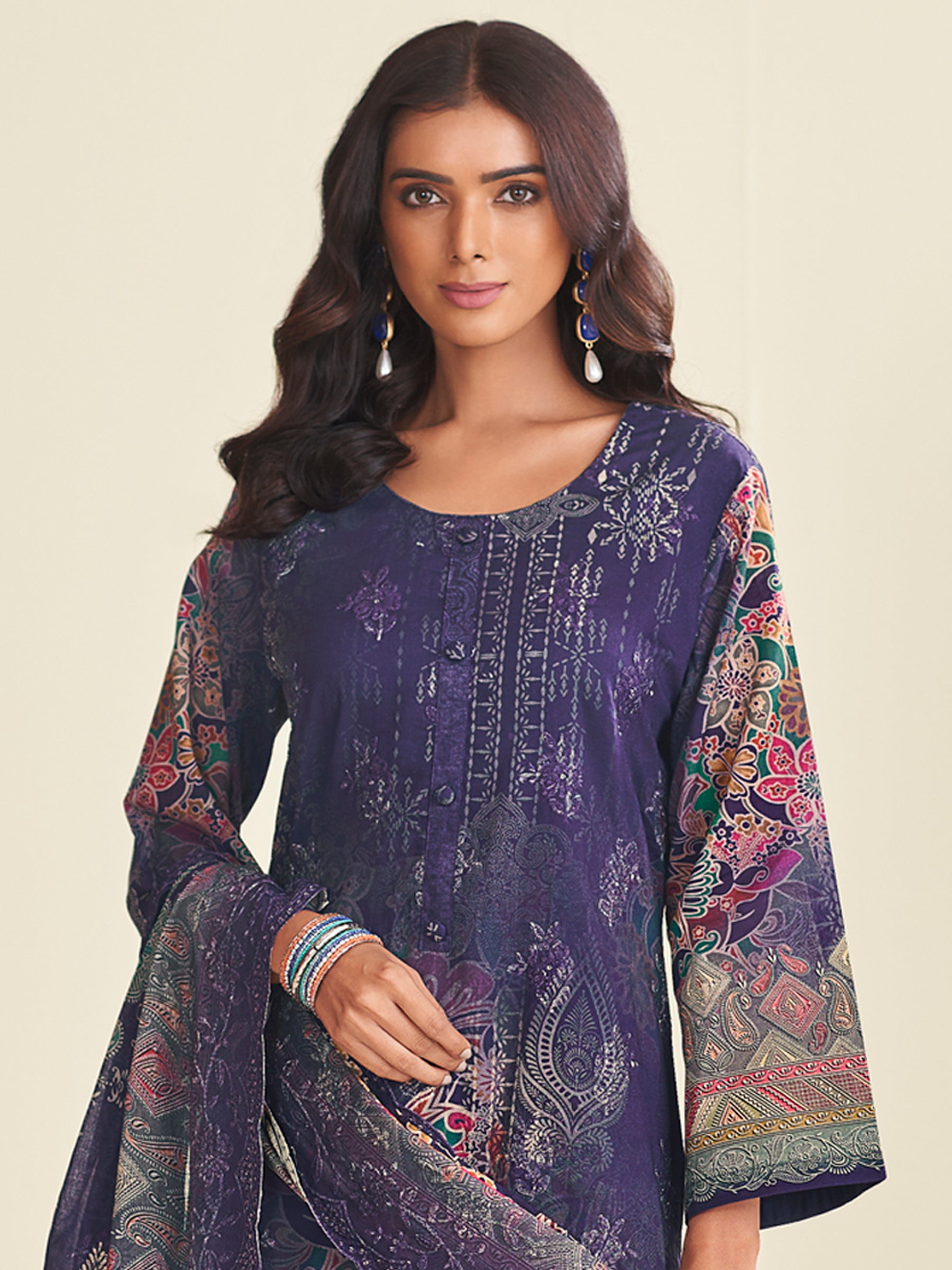 Enchanting Violet Lawn Cotton Designer Suit | Digital Floral Print with Resham Embroidery