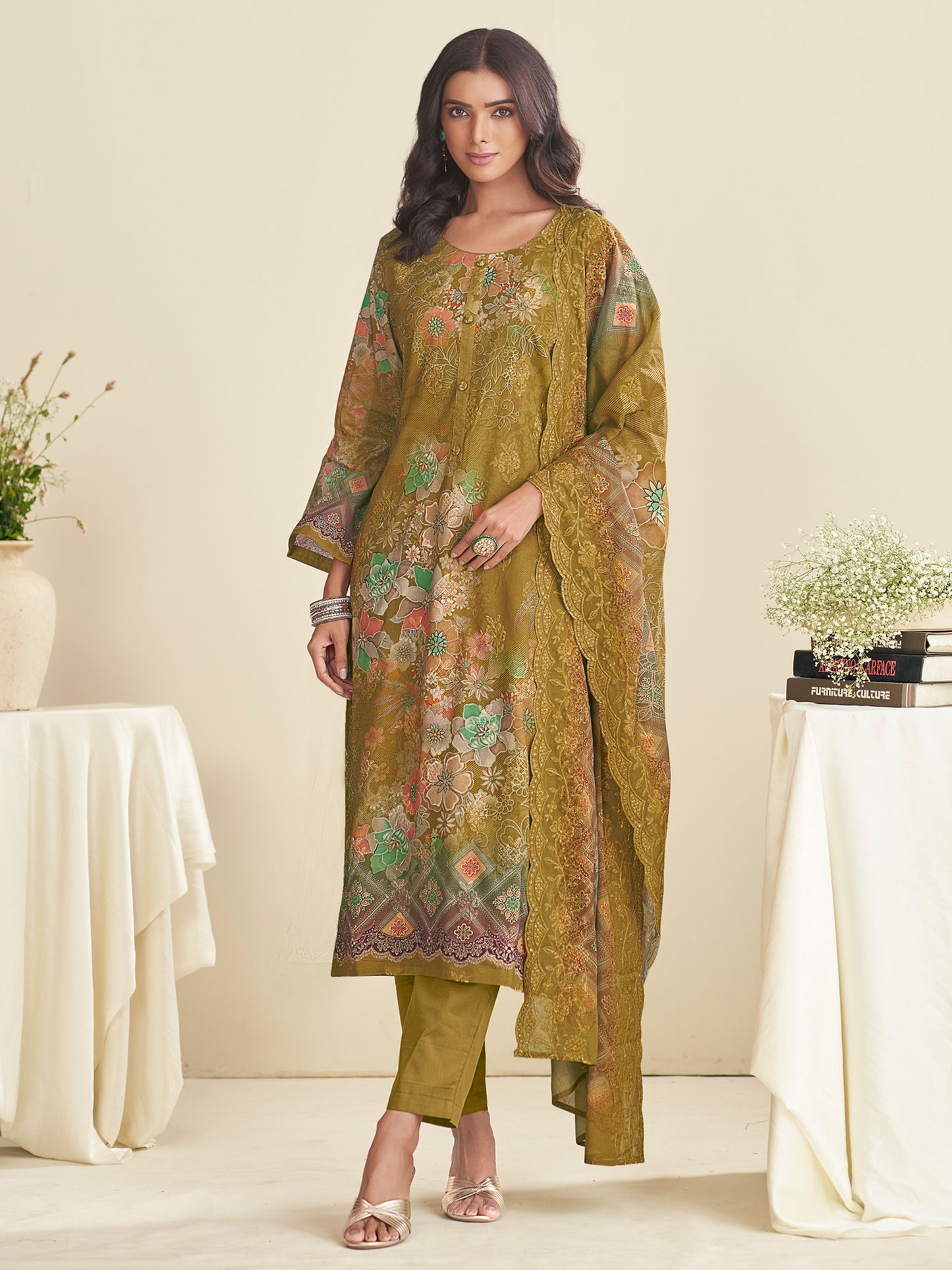 Serene Green Lawn Cotton Designer Suit | Floral Digital Print with Embroidered Details| Unstitched Fabric