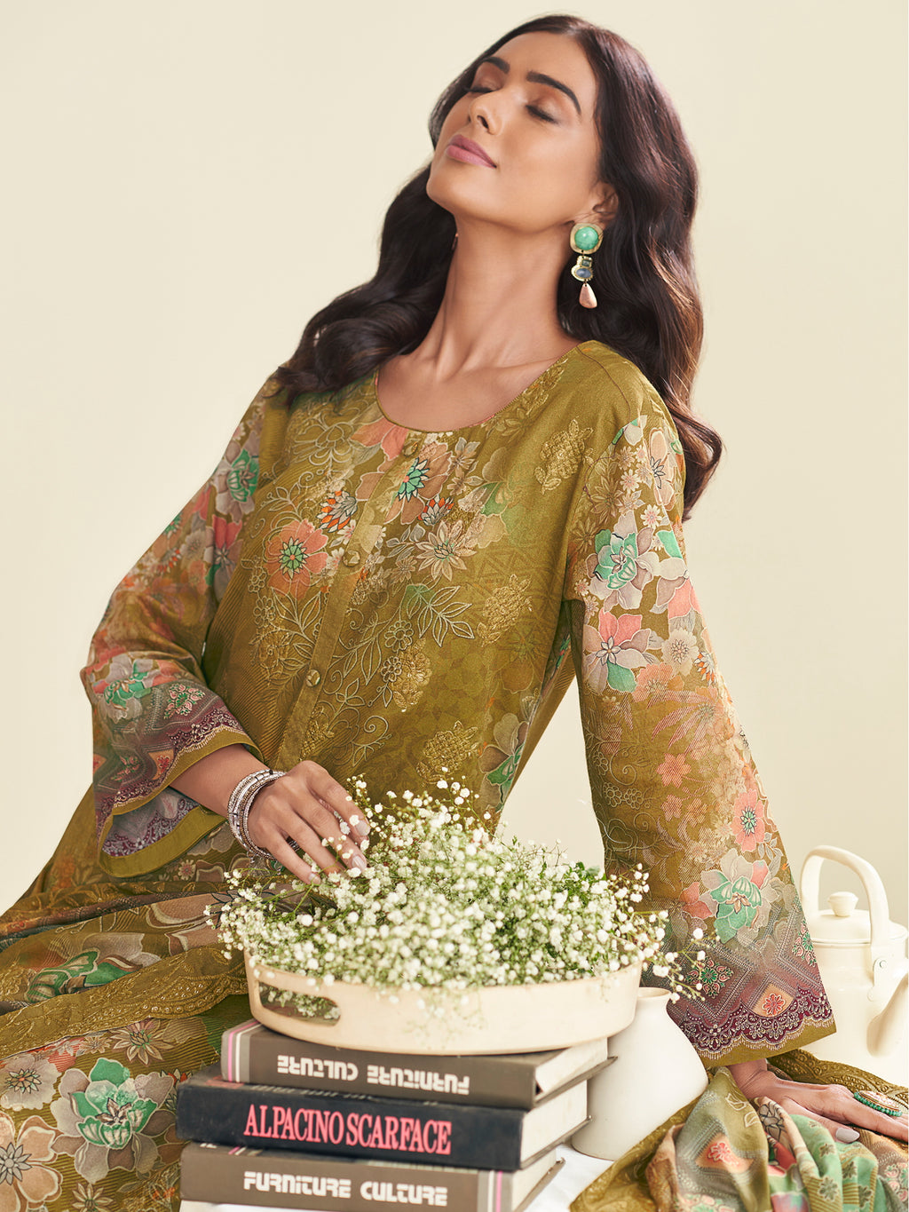 Serene Green Lawn Cotton Designer Suit | Floral Digital Print with Embroidered Details