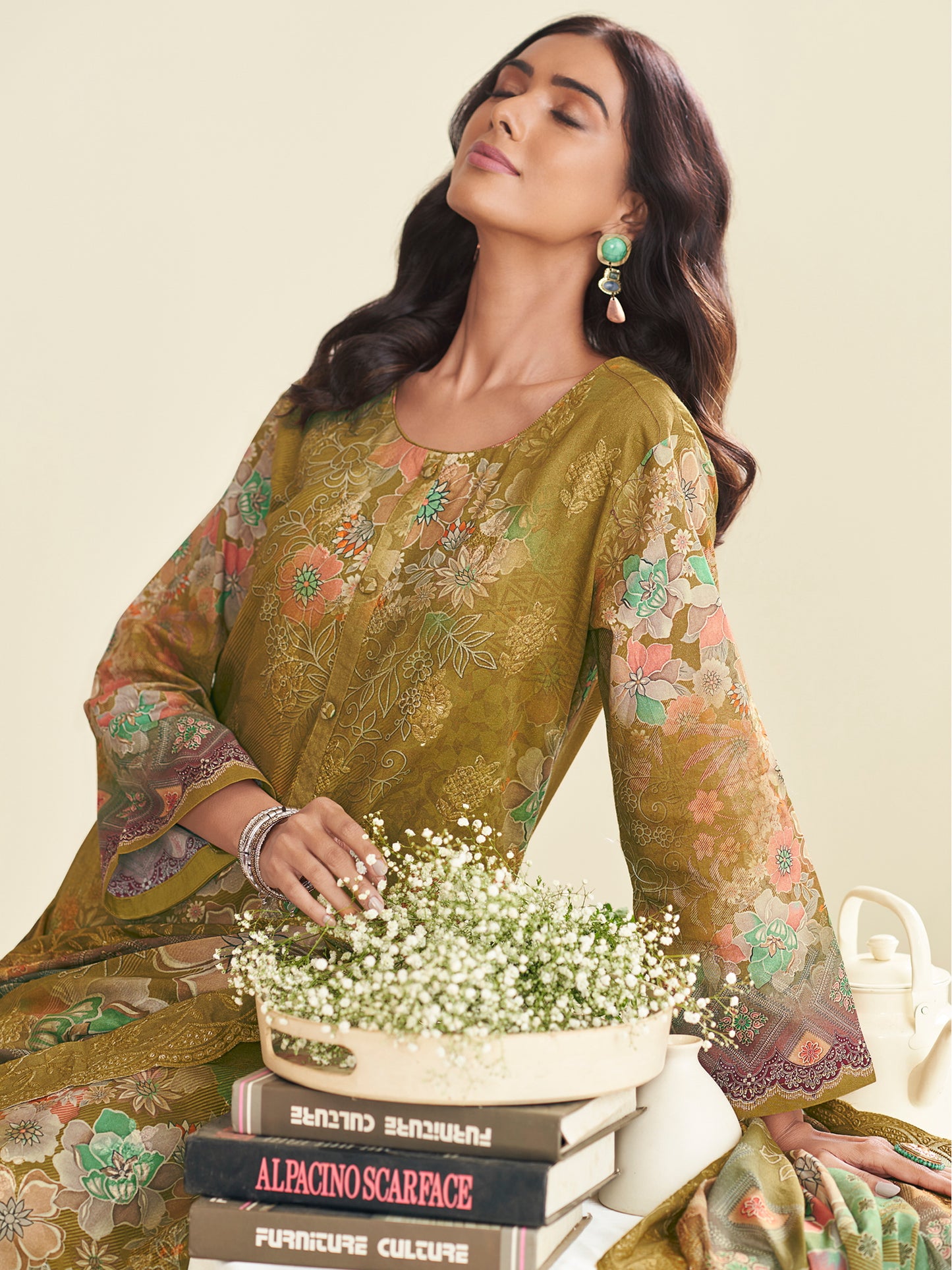 Serene Green Lawn Cotton Designer Suit | Floral Digital Print with Embroidered Details| Unstitched Fabric