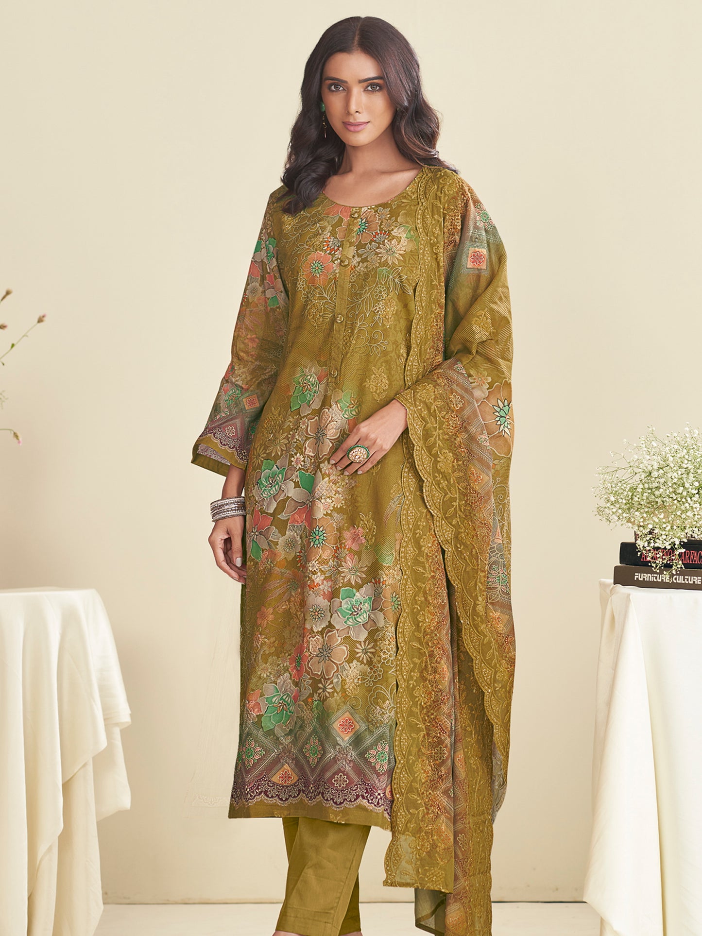 Serene Green Lawn Cotton Designer Suit | Floral Digital Print with Embroidered Details| Unstitched Fabric