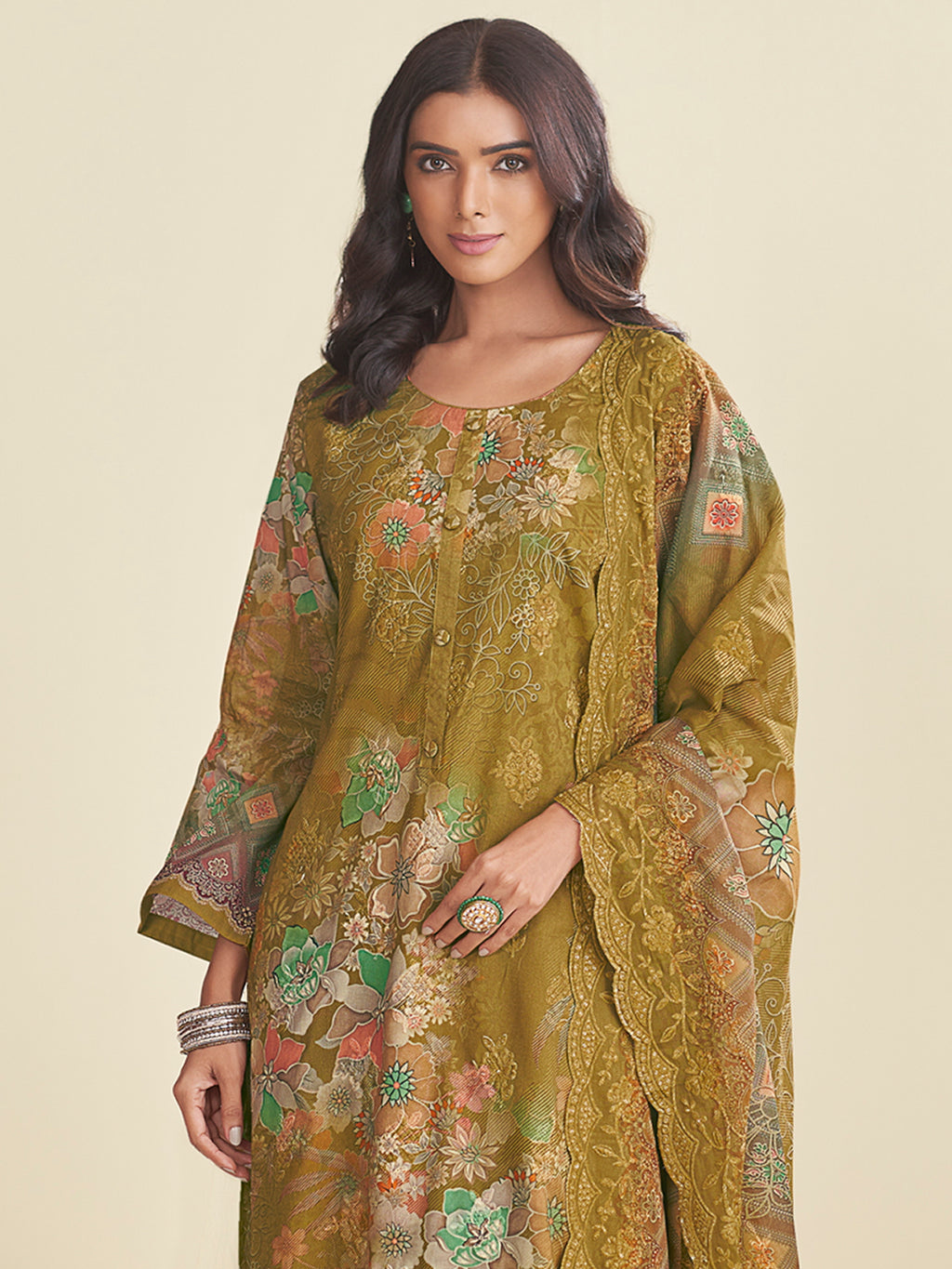 Serene Green Lawn Cotton Designer Suit | Floral Digital Print with Embroidered Details