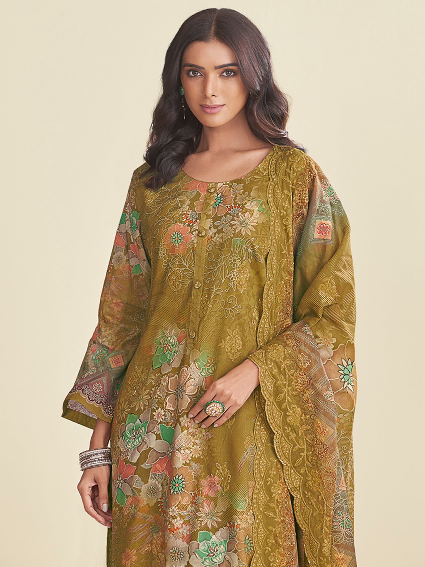 Serene Green Lawn Cotton Designer Suit | Floral Digital Print with Embroidered Details