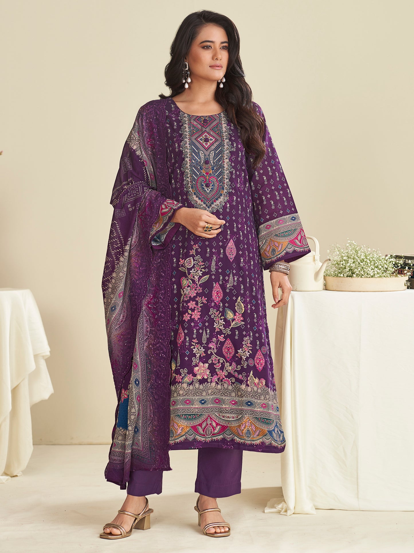 Majestic Purple Lawn Cotton Designer Suit | Digital Floral Print with Resham Embroidery| Unstitched Fabric