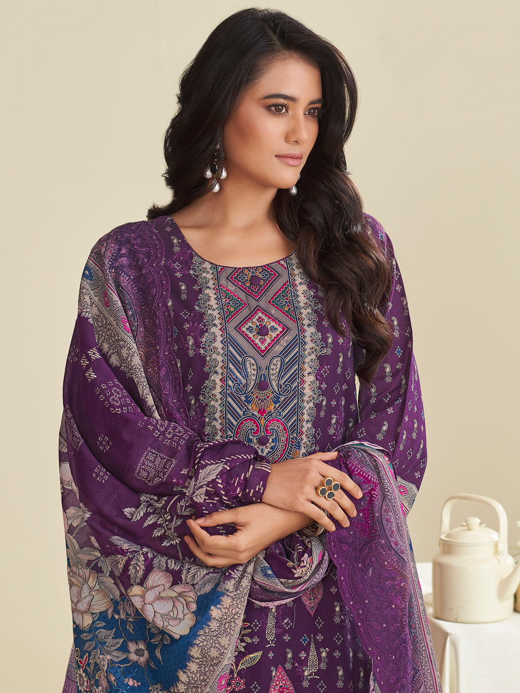 Majestic Purple Lawn Cotton Designer Suit | Digital Floral Print with Resham Embroidery