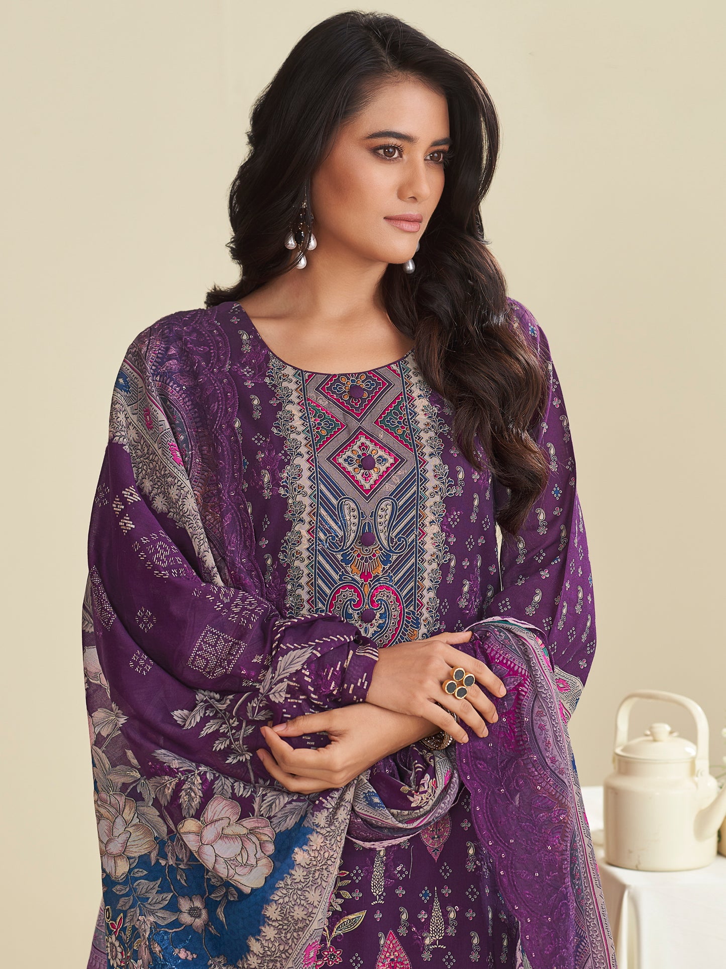 Majestic Purple Lawn Cotton Designer Suit | Digital Floral Print with Resham Embroidery| Unstitched Fabric
