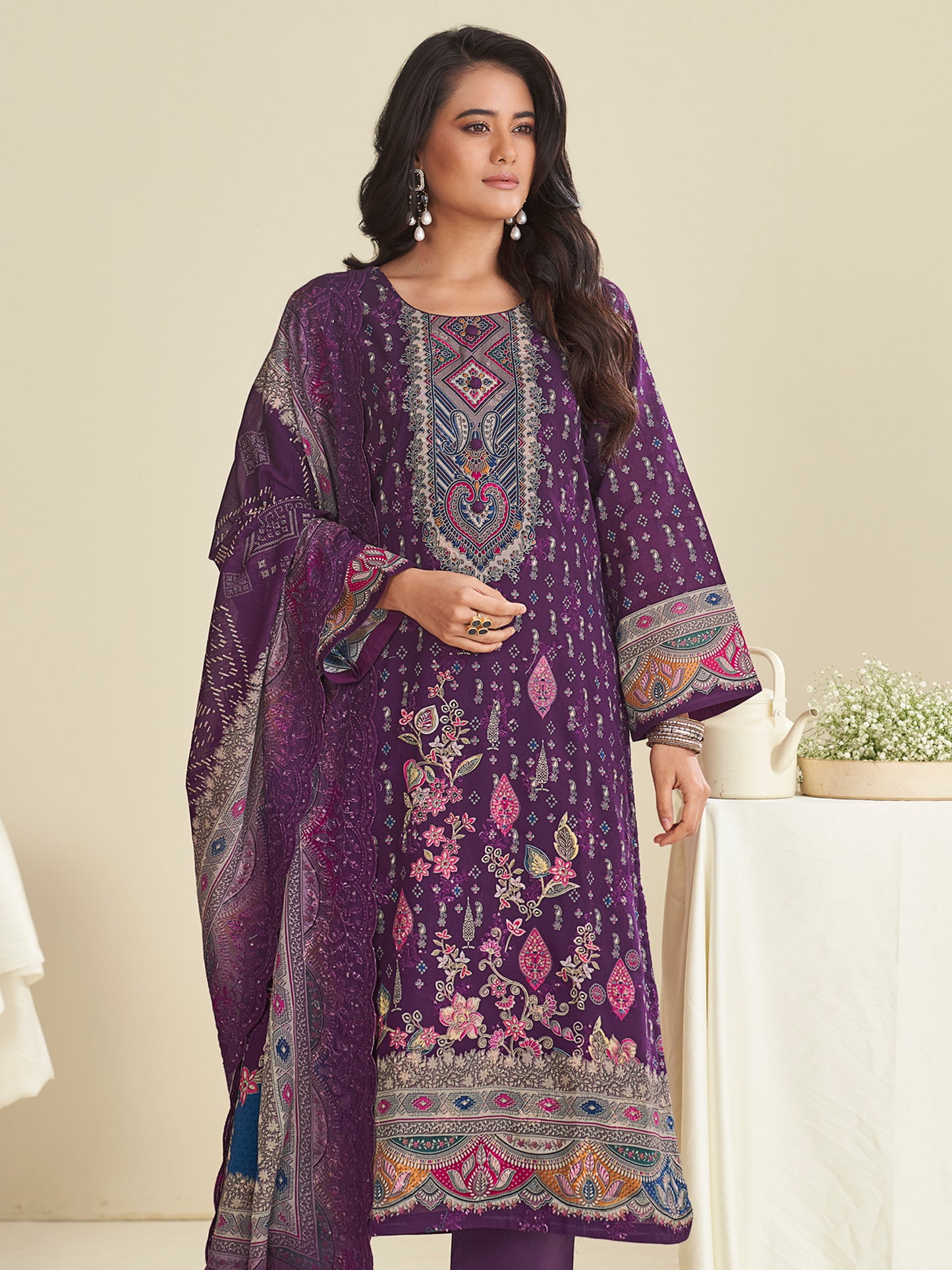 Majestic Purple Lawn Cotton Designer Suit | Digital Floral Print with Resham Embroidery| Unstitched Fabric