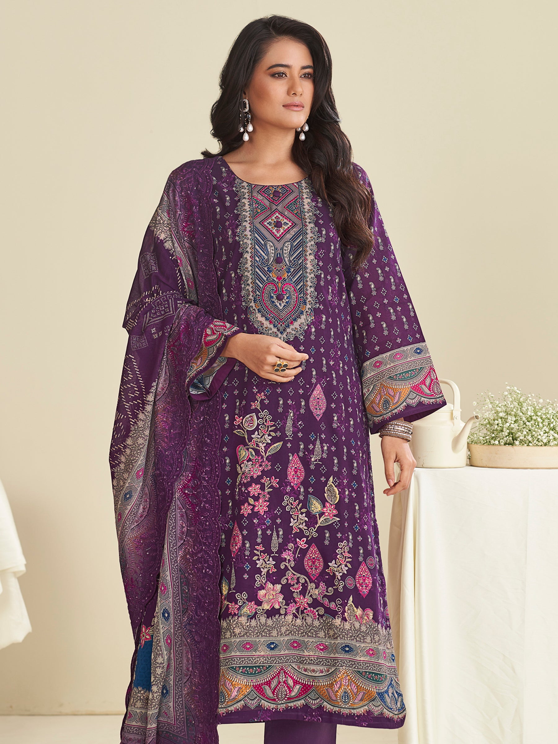Majestic Purple Lawn Cotton Designer Suit | Digital Floral Print with Resham Embroidery