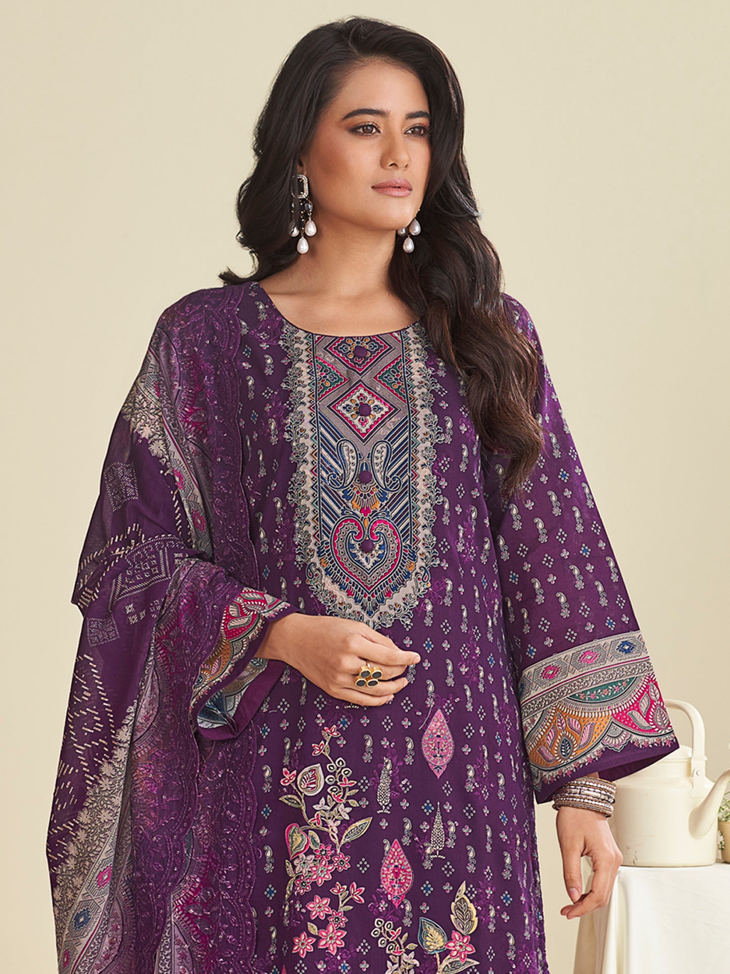 Majestic Purple Lawn Cotton Designer Suit | Digital Floral Print with Resham Embroidery| Unstitched Fabric