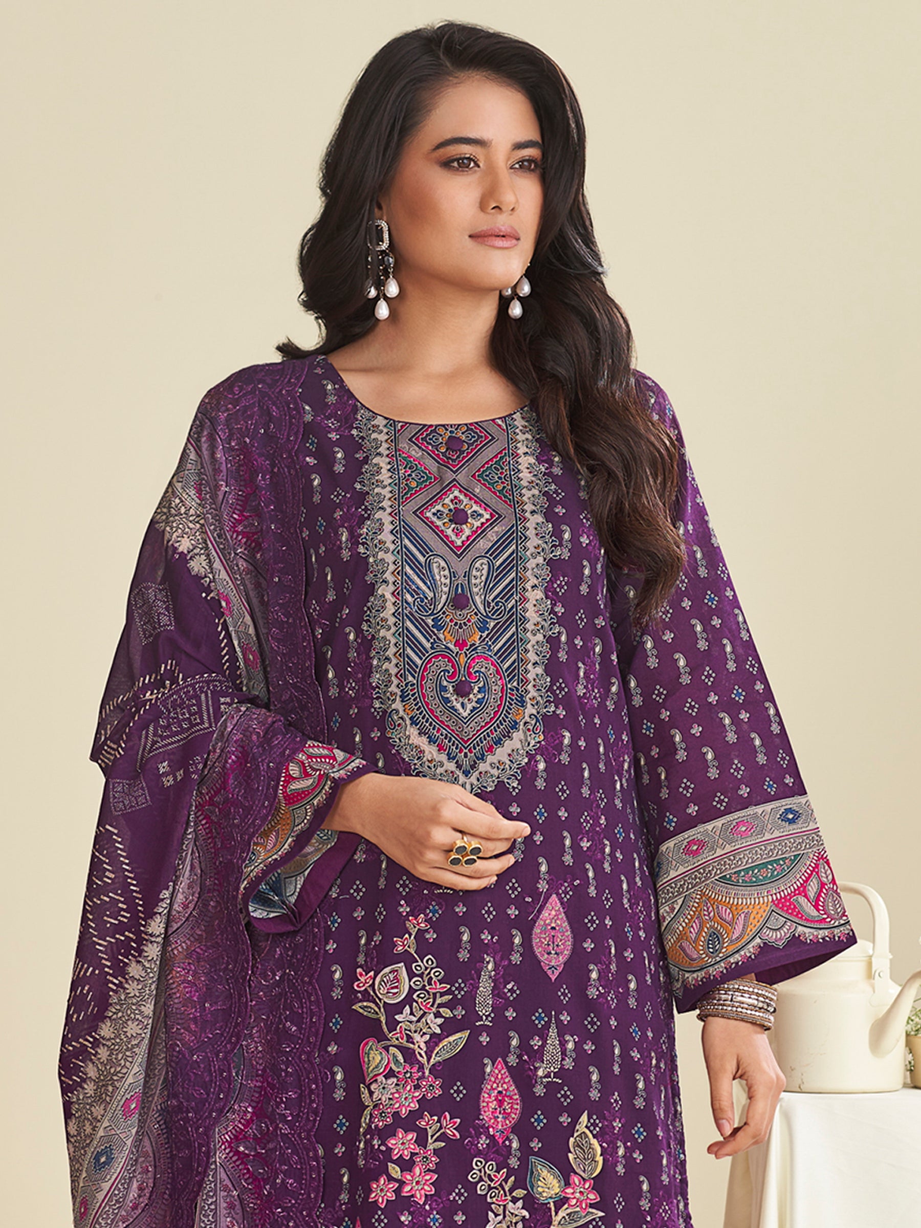 Majestic Purple Lawn Cotton Designer Suit | Digital Floral Print with Resham Embroidery