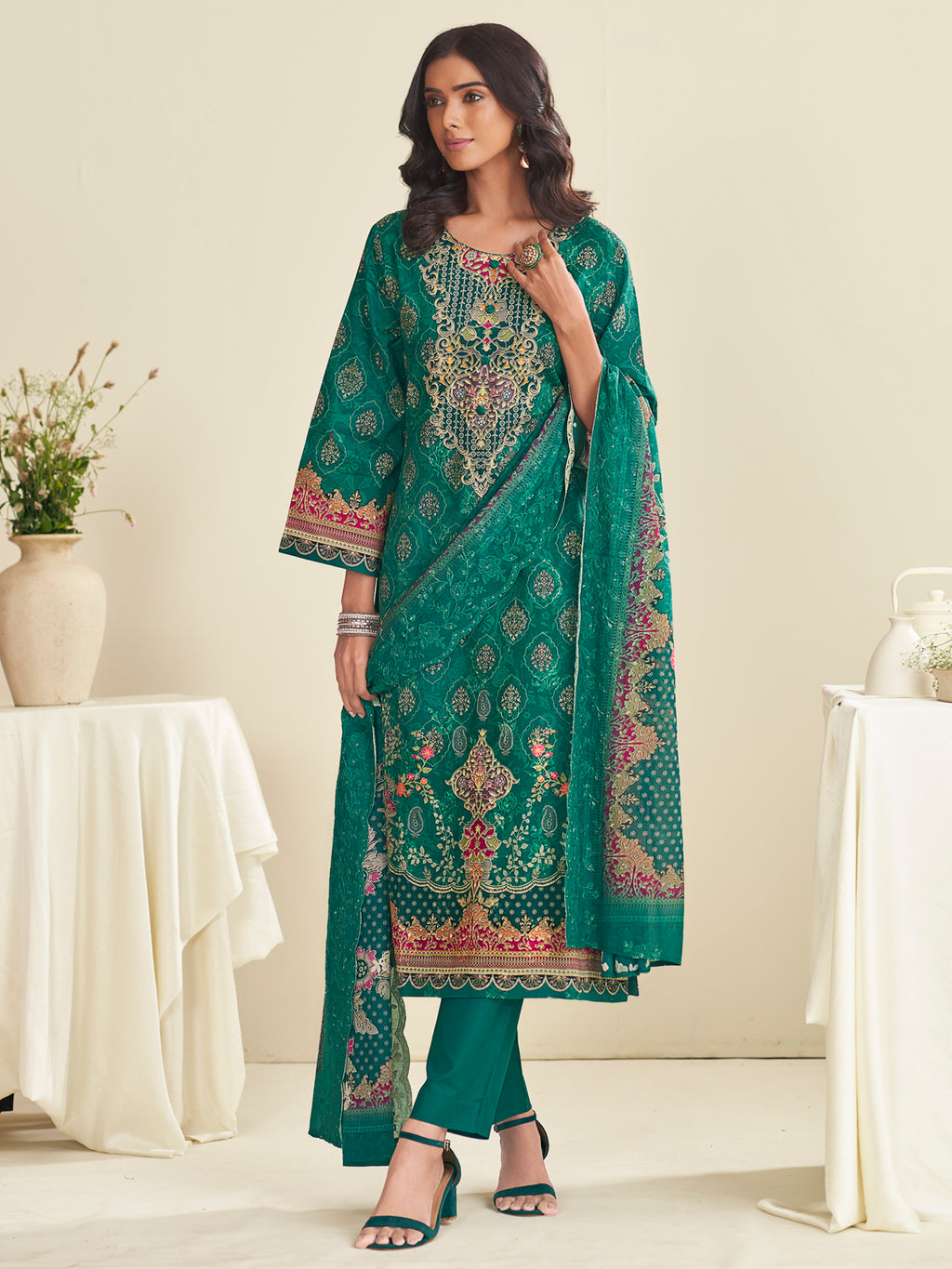 Exquisite Teal Lawn Cotton Designer Suit | Floral Digital Print with Embroidered Accents