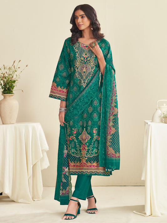 Exquisite Teal Lawn Cotton Designer Suit | Floral Digital Print with Embroidered Accents| Unstitched Fabric