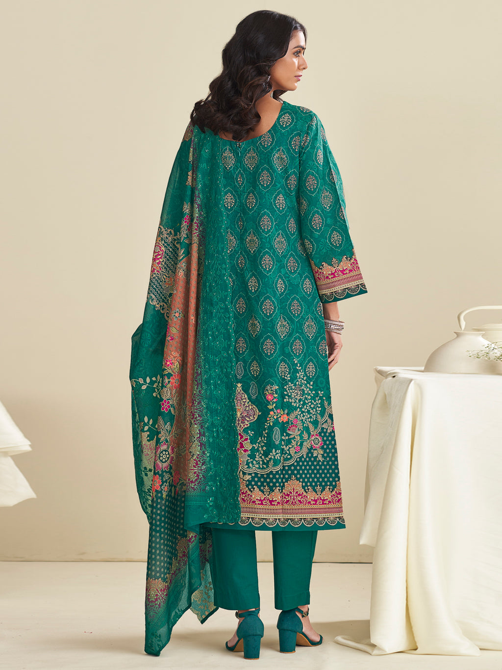 Exquisite Teal Lawn Cotton Designer Suit | Floral Digital Print with Embroidered Accents