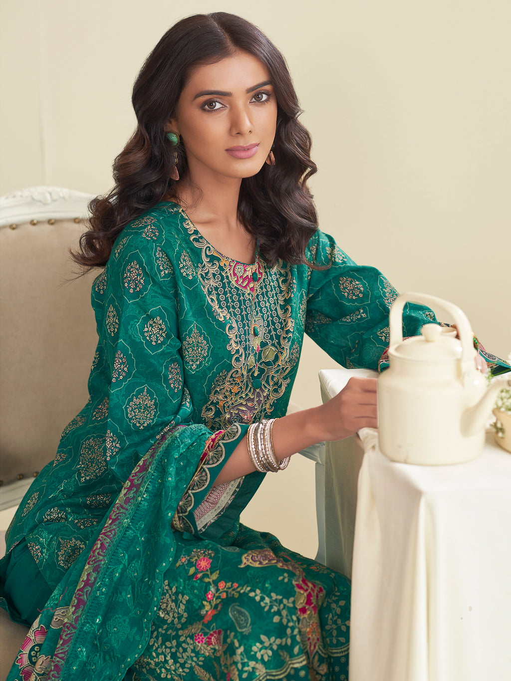 Exquisite Teal Lawn Cotton Designer Suit | Floral Digital Print with Embroidered Accents
