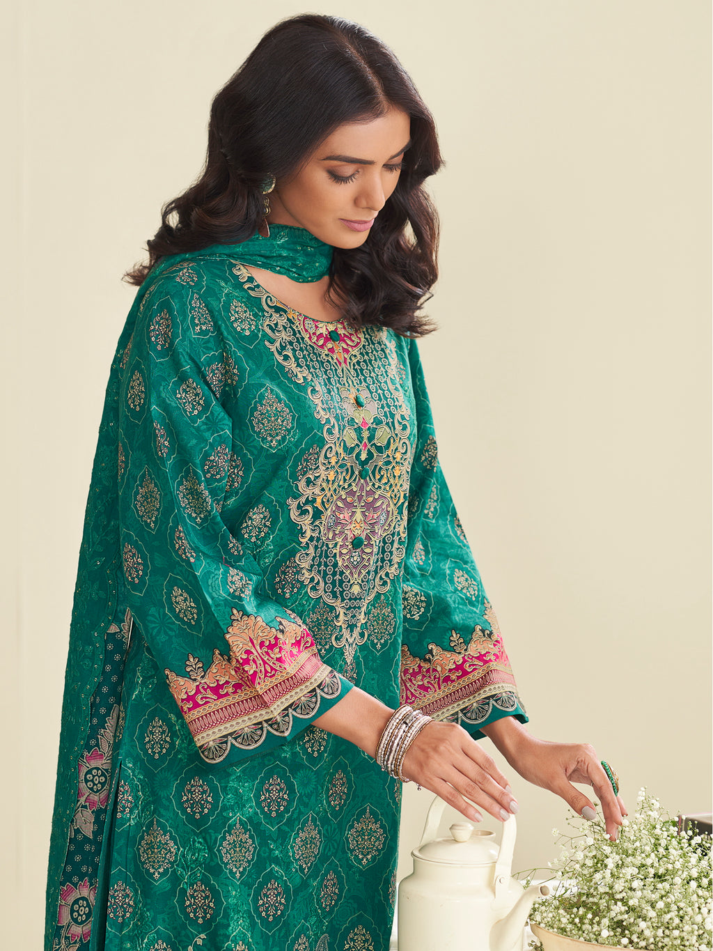 Exquisite Teal Lawn Cotton Designer Suit | Floral Digital Print with Embroidered Accents